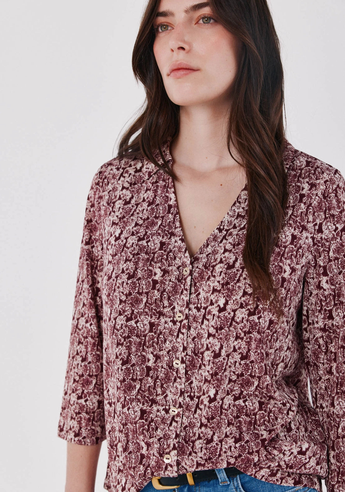 Print Pattern V Neck Front Button Basic Shirt - Multicoloured