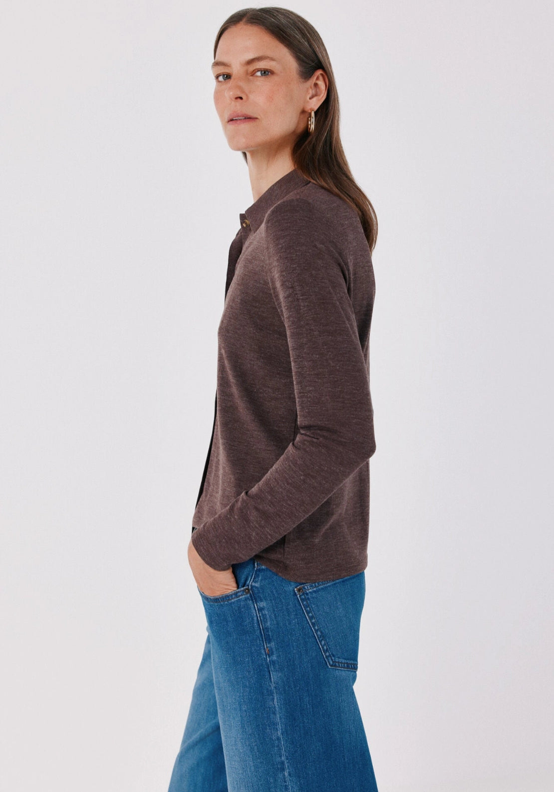 Stretch Button Through Shirt - Dark Brown