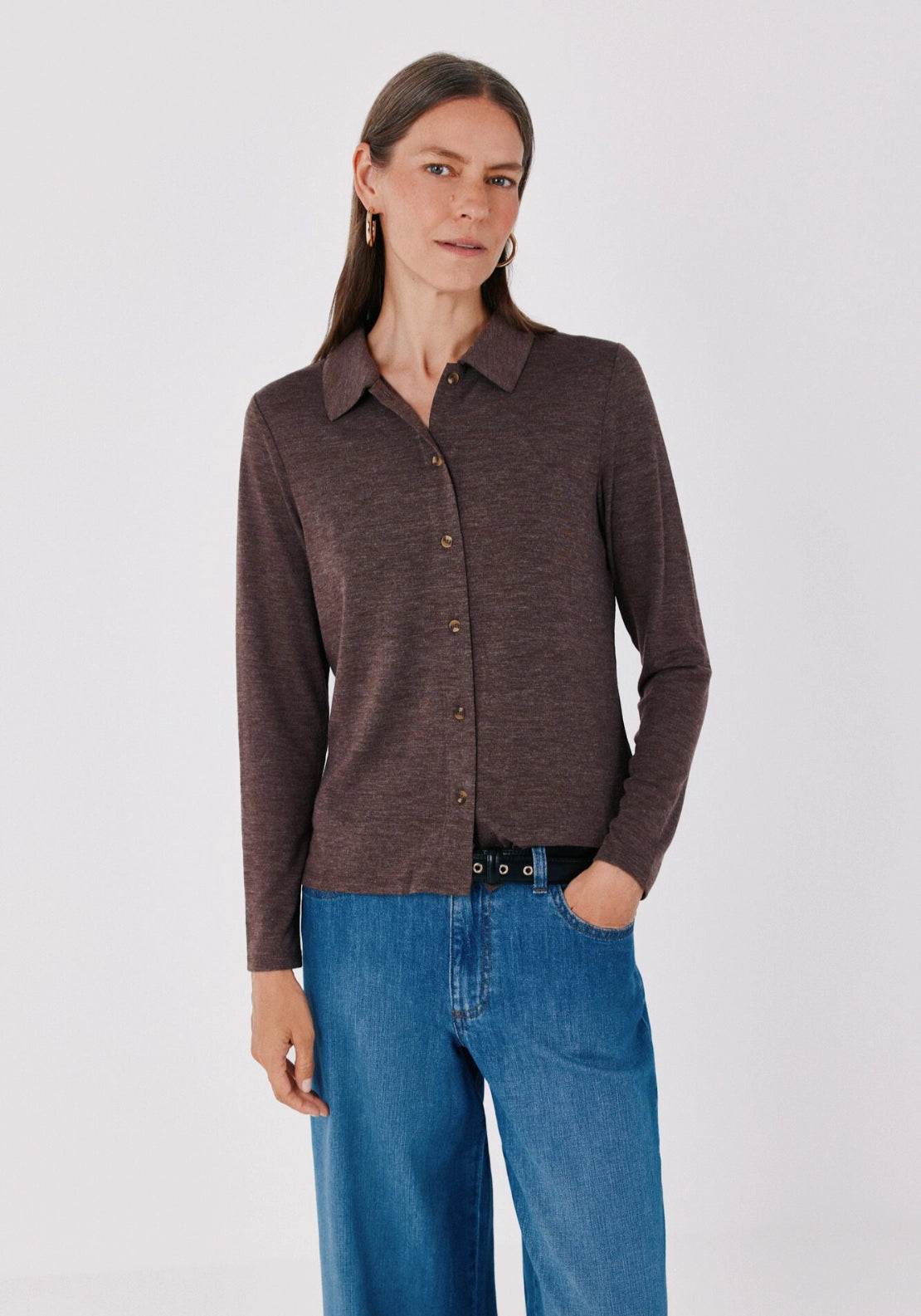 Stretch Button Through Shirt - Dark Brown