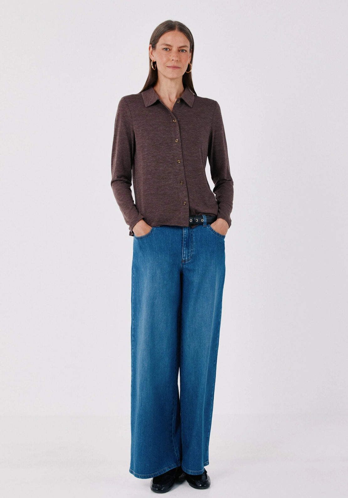 Stretch Button Through Shirt - Dark Brown