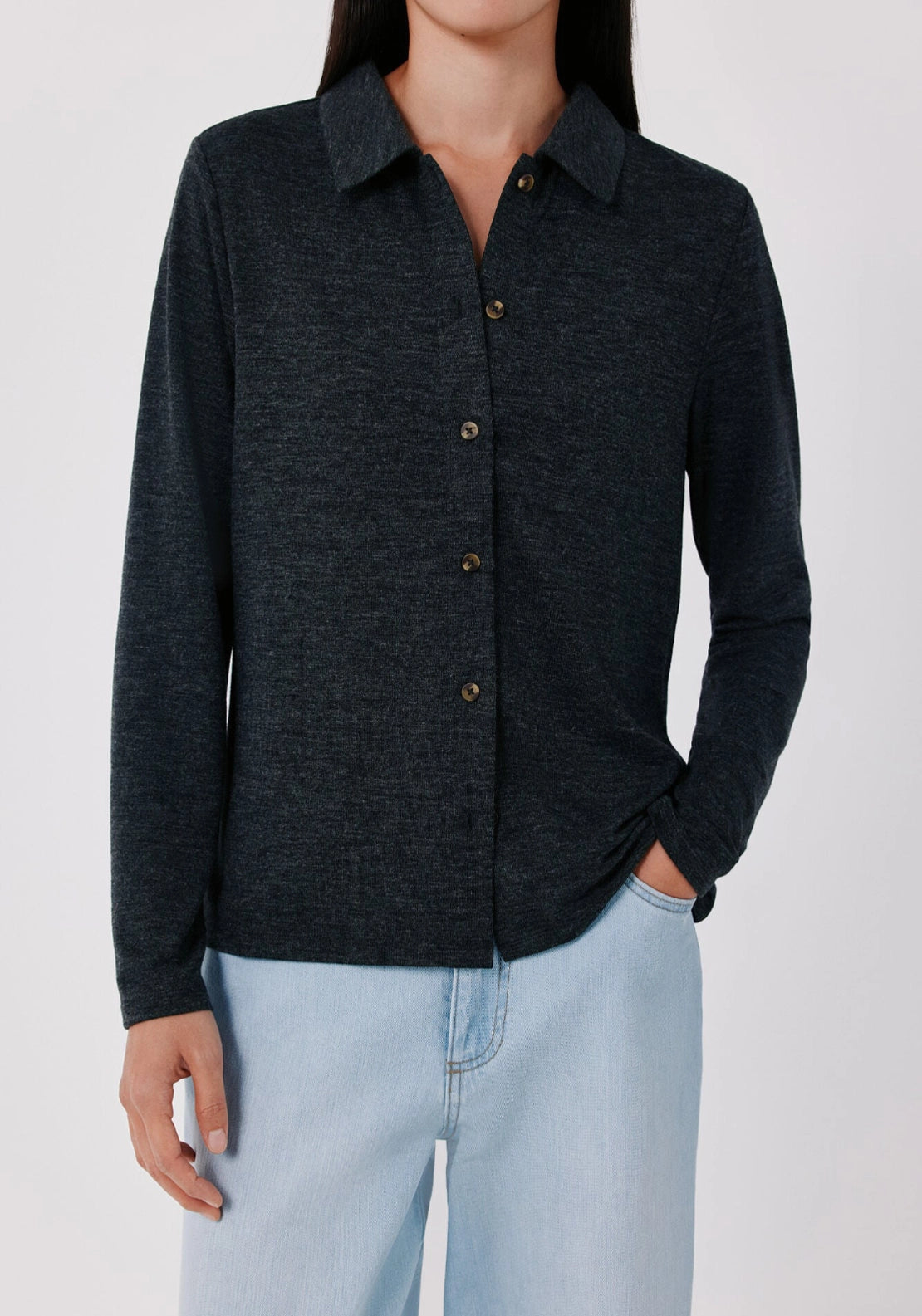 Stretch Button Through Shirt - Charcoal Grey