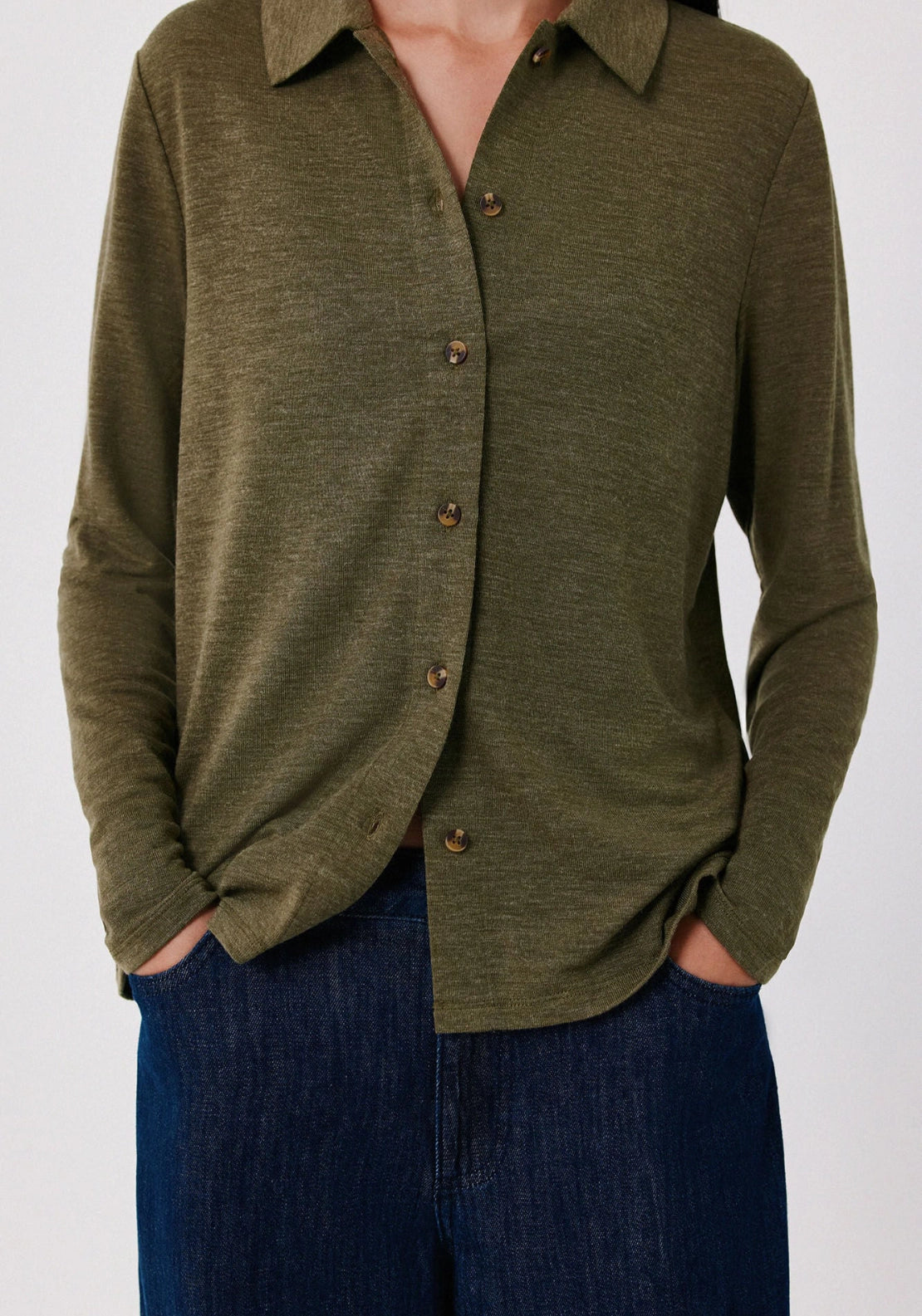 Stretch Button Through Shirt - Medium Khaki