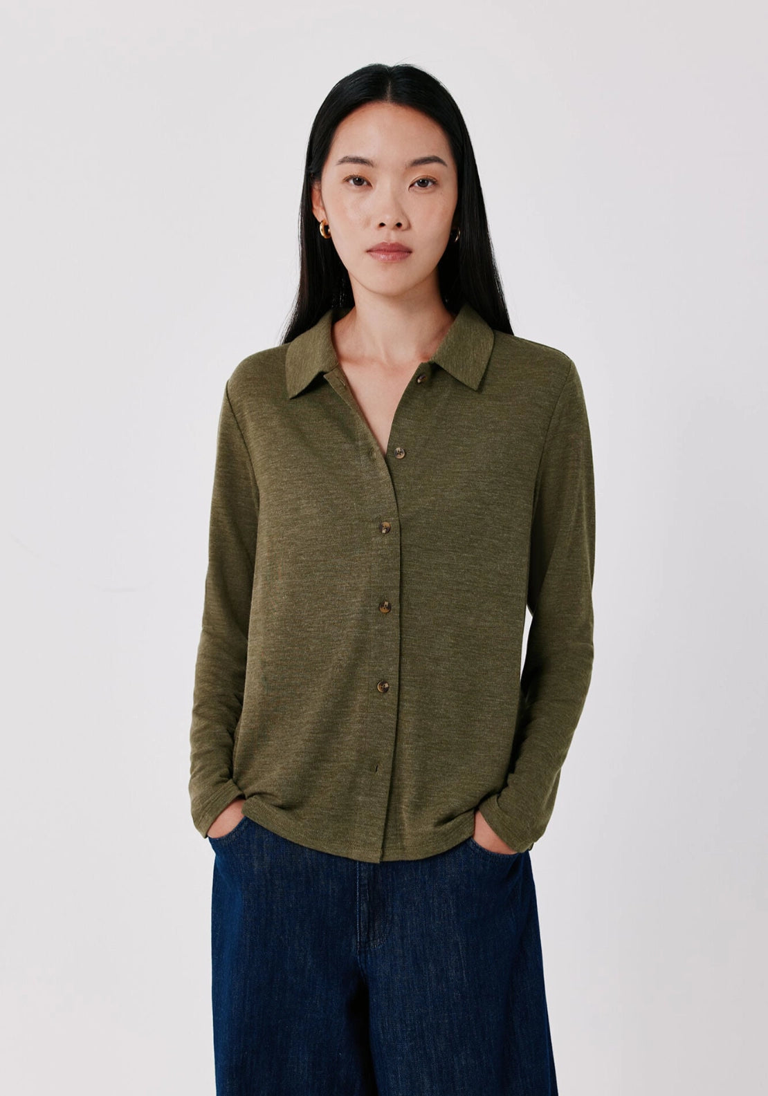 Stretch Button Through Shirt - Medium Khaki