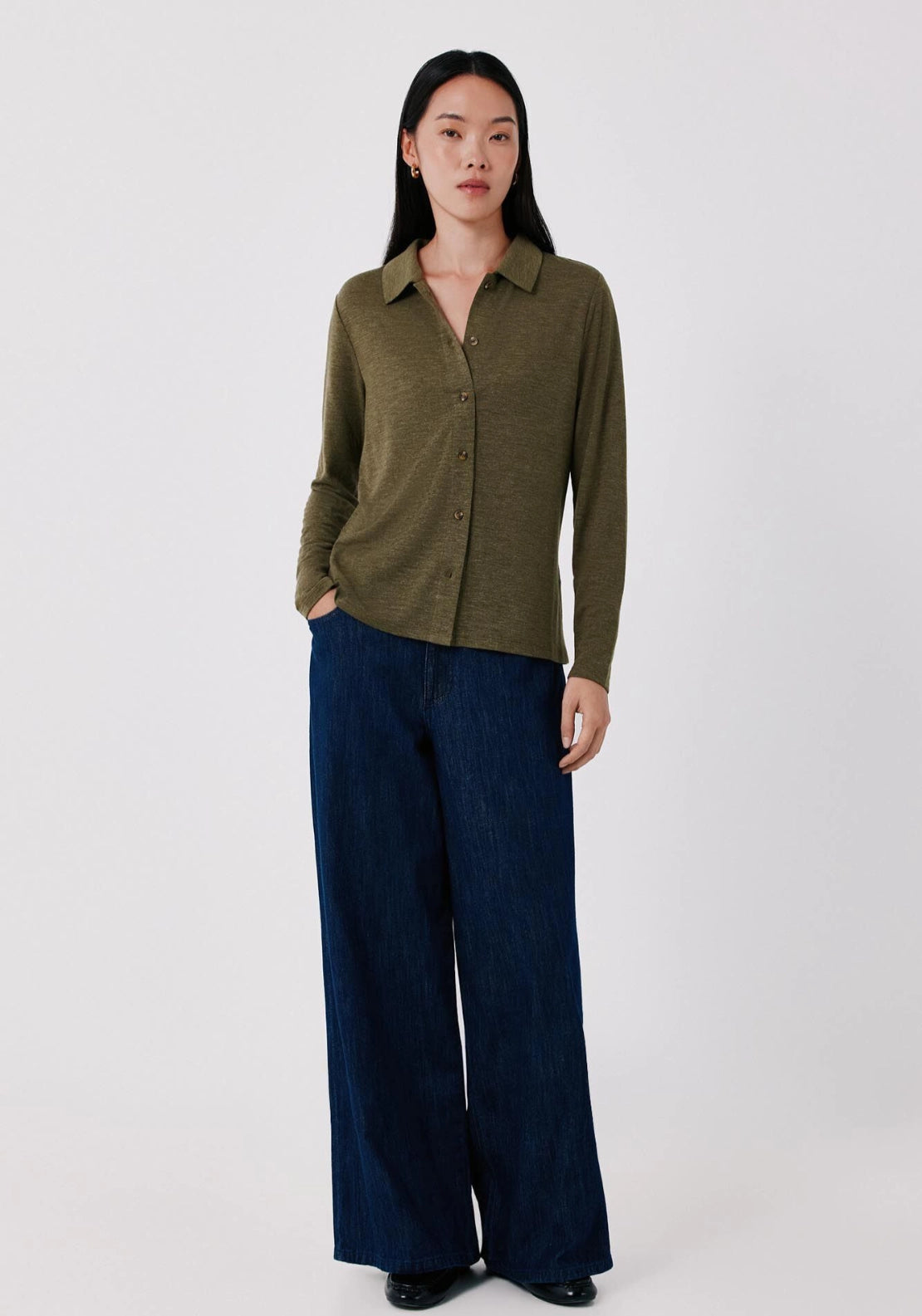 Stretch Button Through Shirt - Medium Khaki