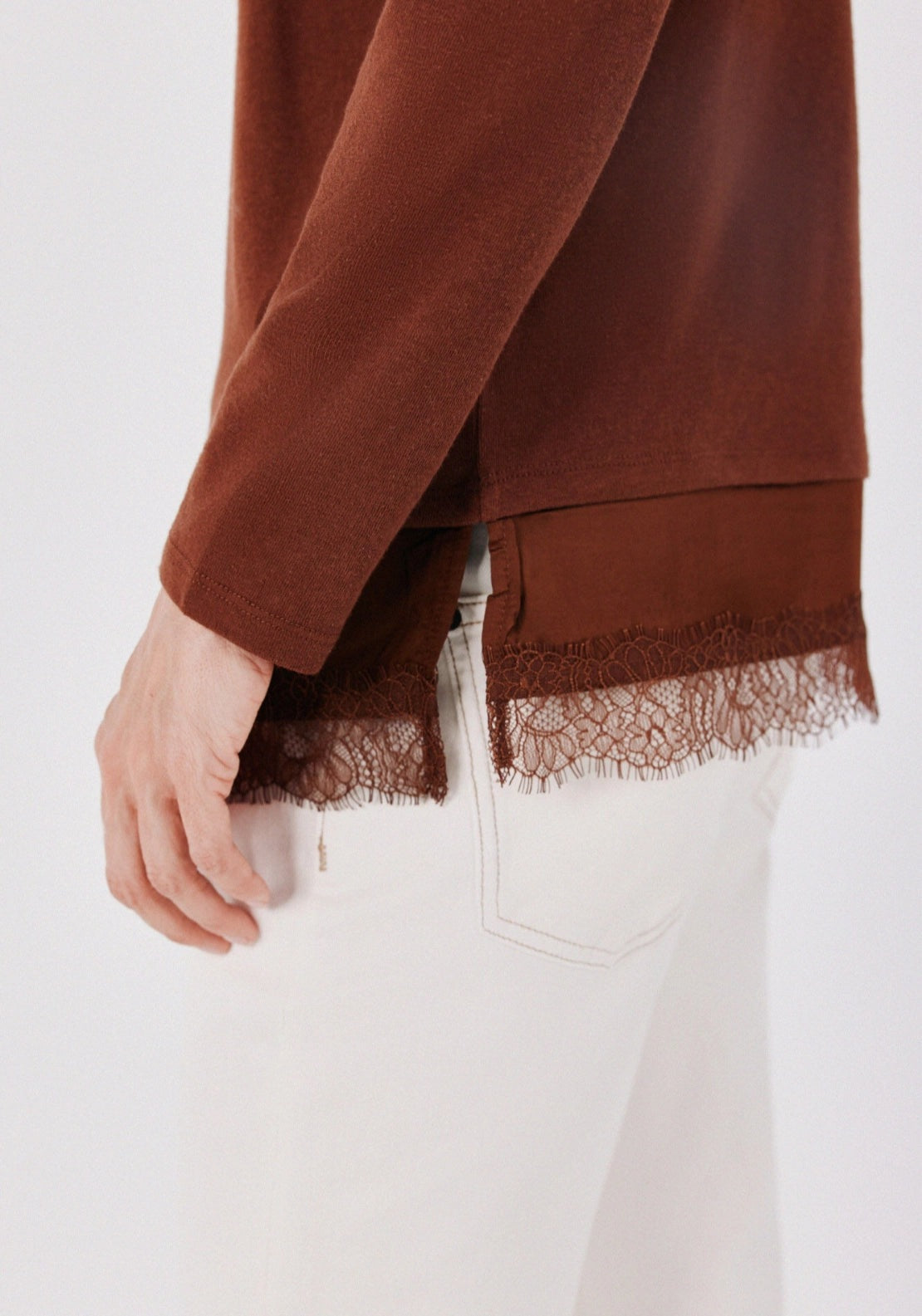 Lace Panel Long Sleeve Top - Tan