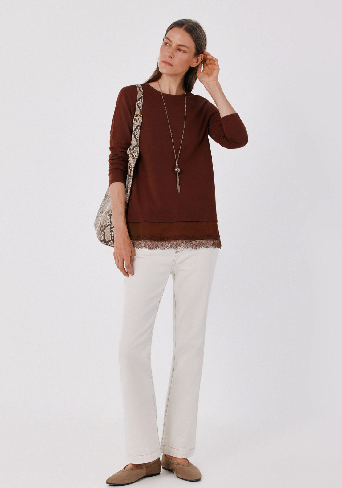 Lace Panel Long Sleeve Top - Tan