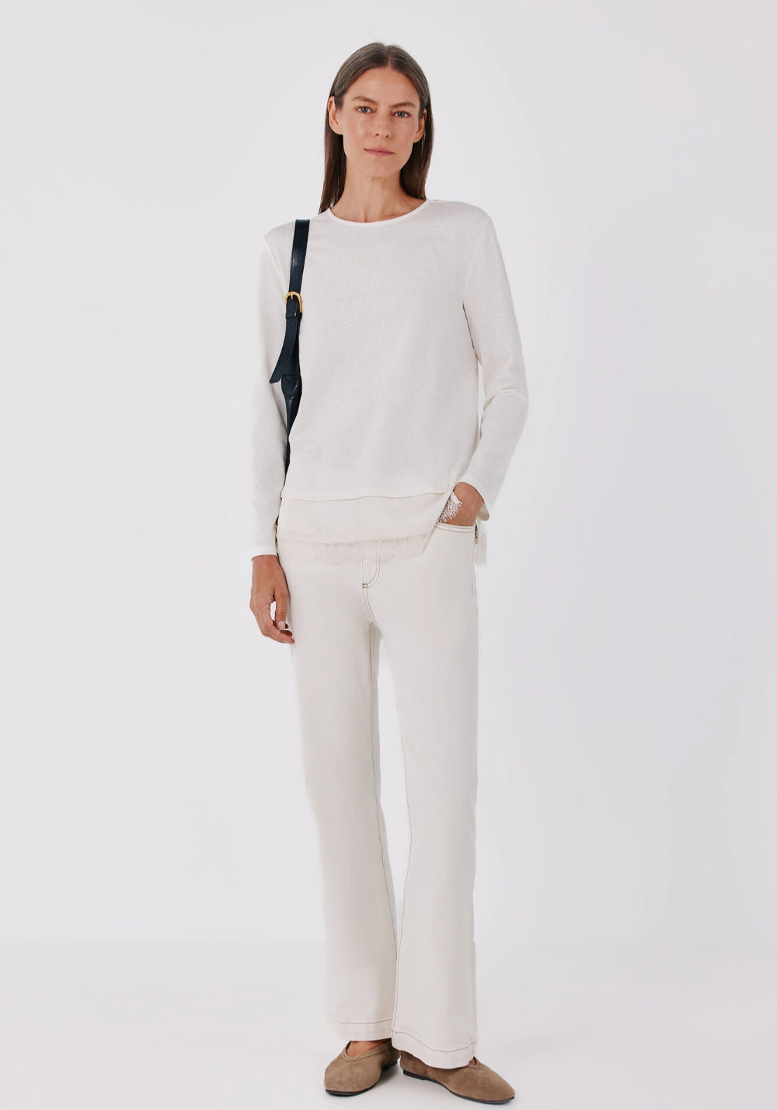 Lace Panel Long Sleeve Top - Ivory