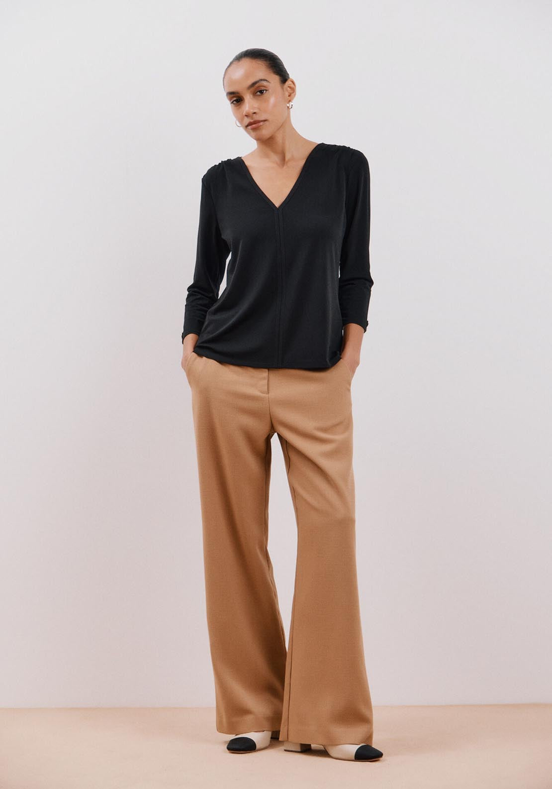 Cortefiel Flowy V Neckline T-Shirt - Black 6 Shaws Department Stores