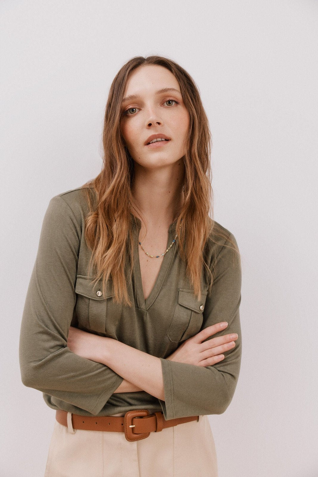 Cortefiel Cargo pockets t-shirt - Light Khaki 3 Shaws Department Stores