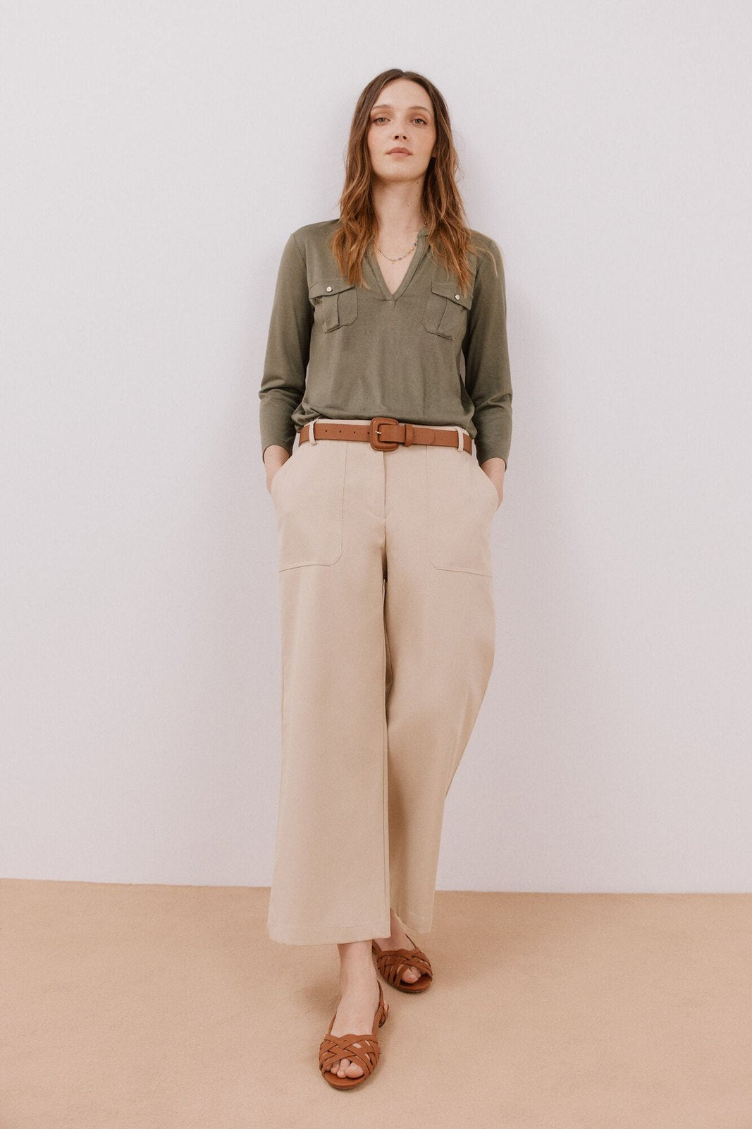 Cortefiel Cargo pockets t-shirt - Light Khaki 1 Shaws Department Stores