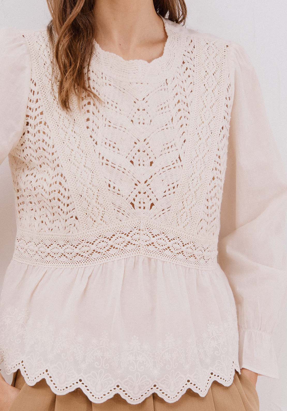 Crochet Combined Top - Cream