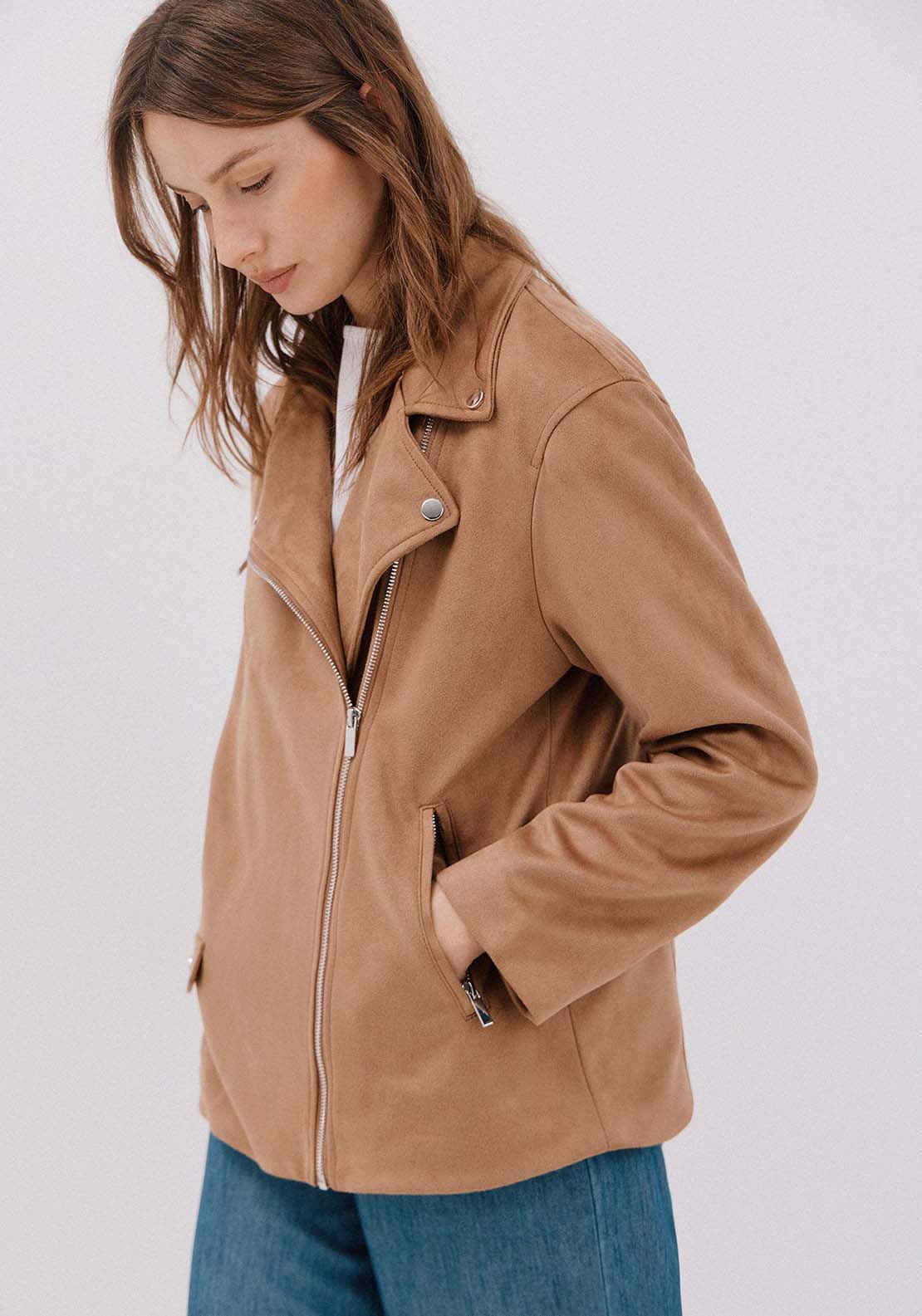 Faux Suede Biker Jacket - Beige