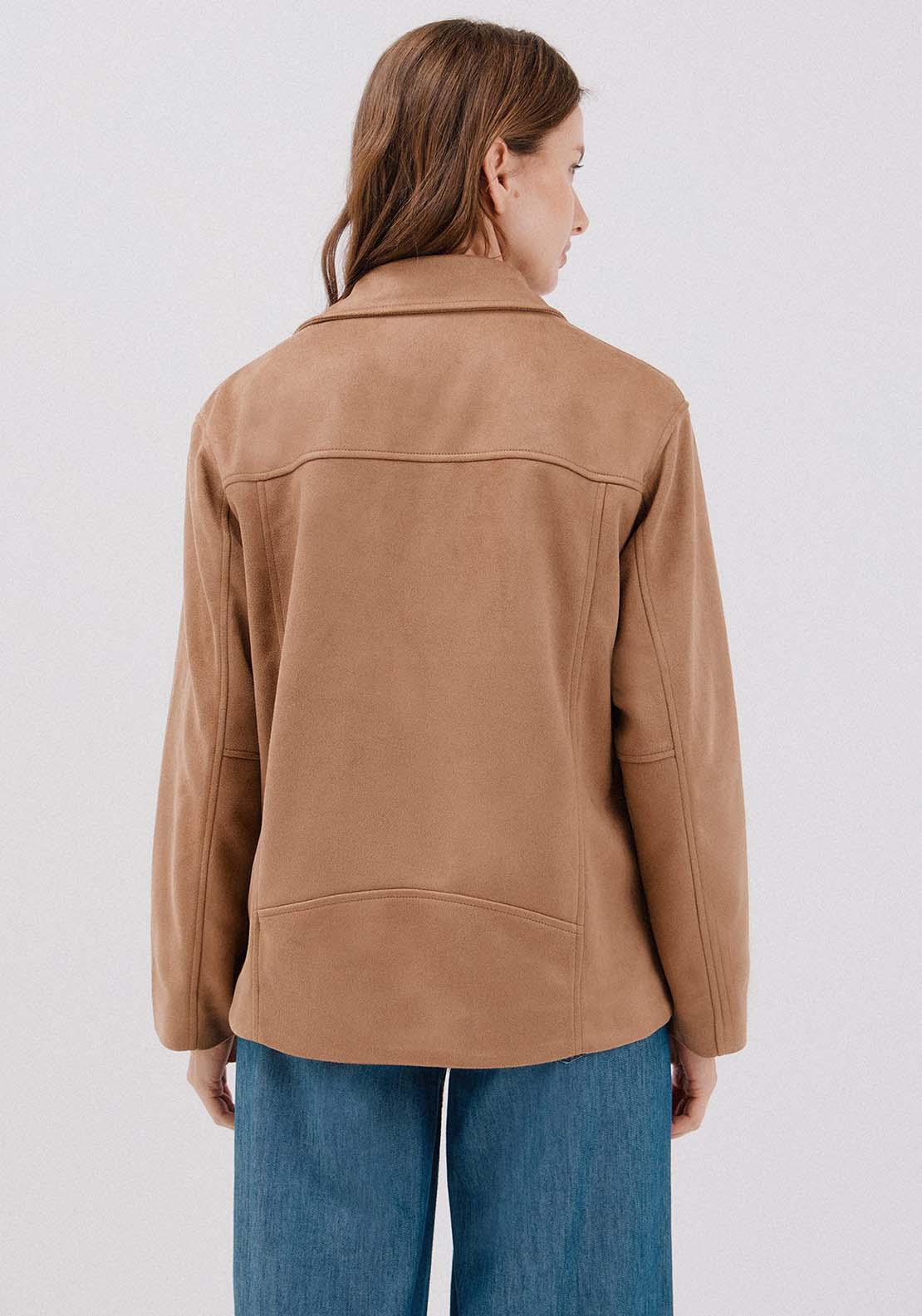 Faux Suede Biker Jacket - Beige