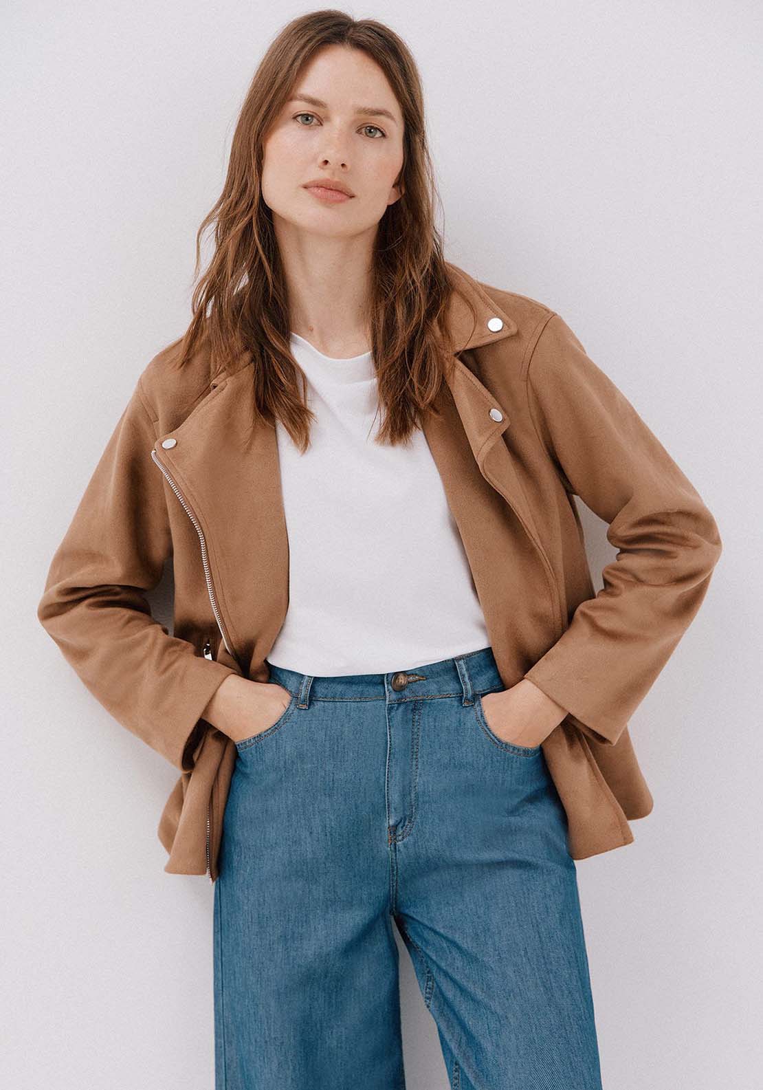 Faux Suede Biker Jacket - Beige