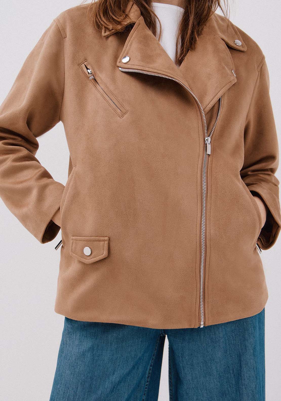 Faux Suede Biker Jacket - Beige