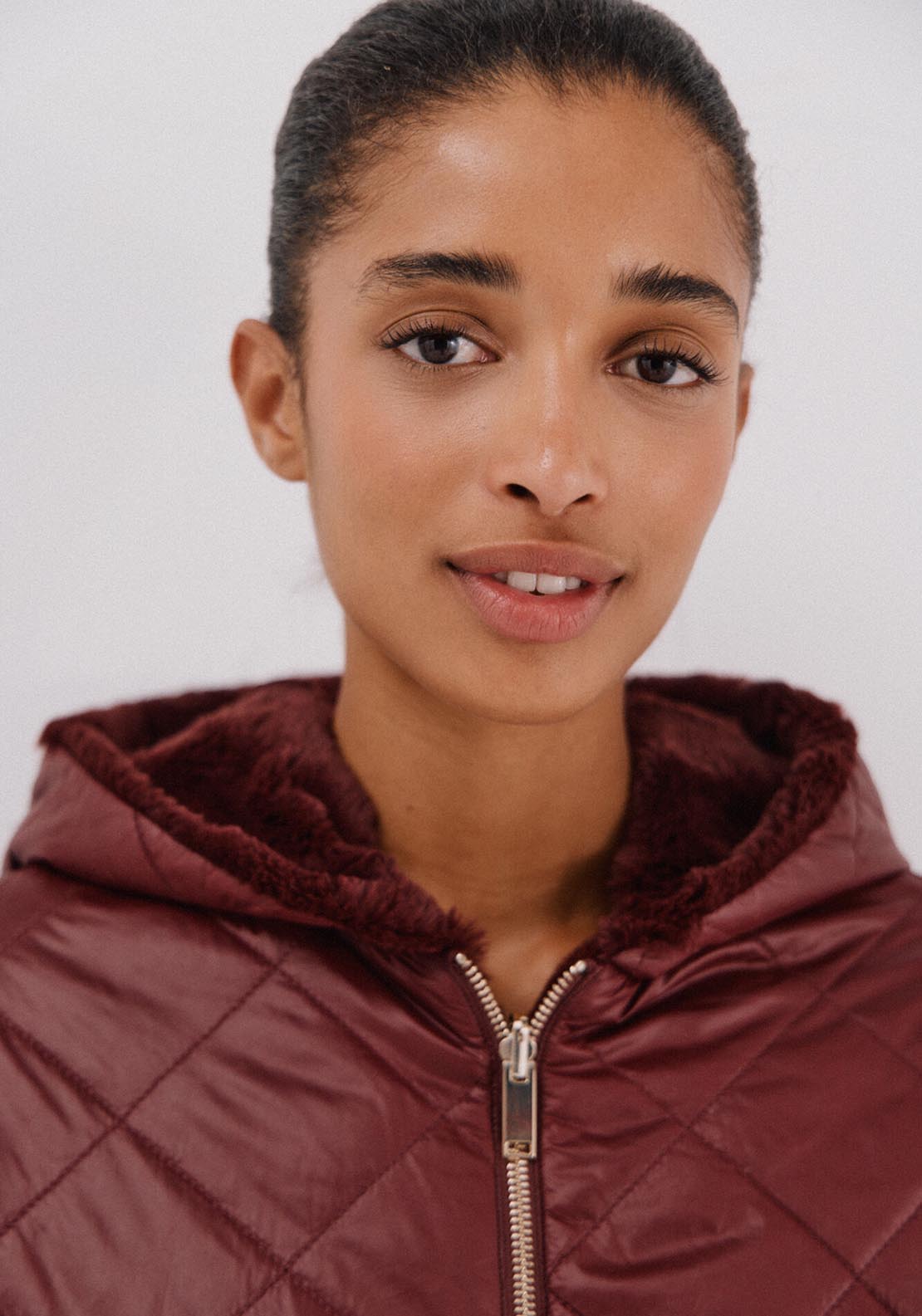 Reversible Quilted Anorak With Fur Effect - Red