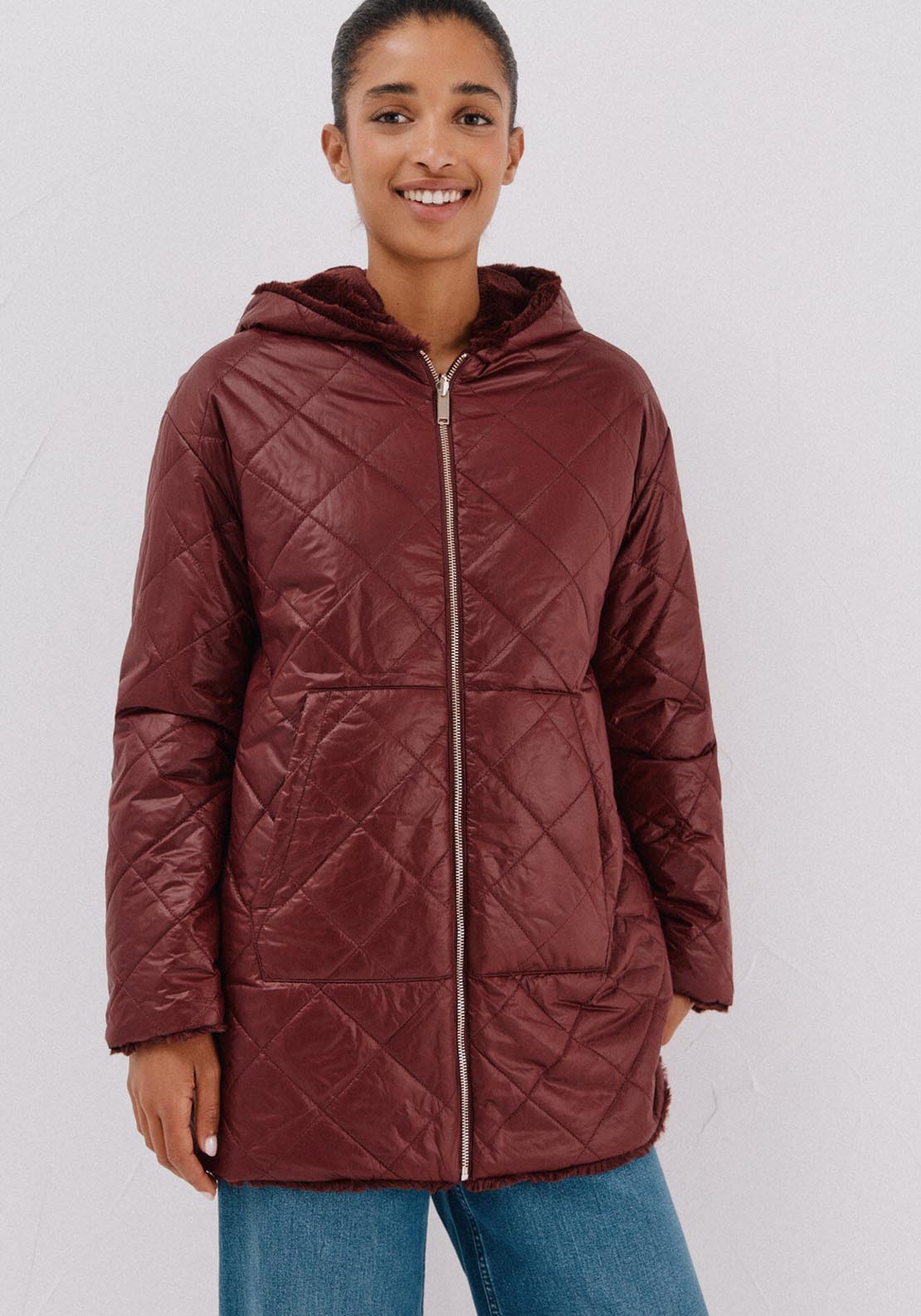 Reversible Quilted Anorak With Fur Effect - Red