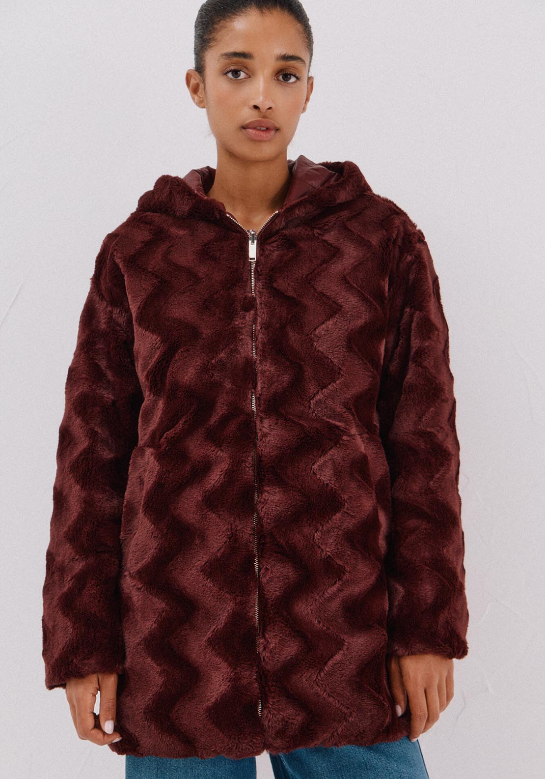 Reversible Quilted Anorak With Fur Effect - Red