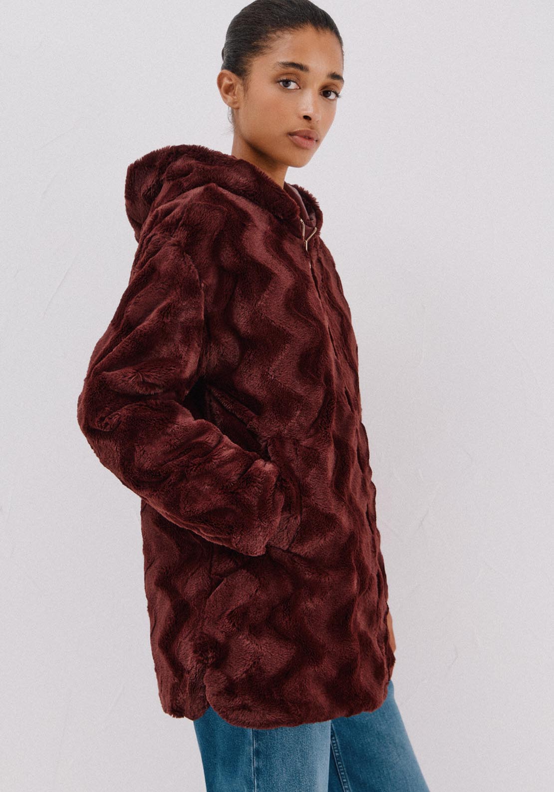 Reversible Quilted Anorak With Fur Effect - Red
