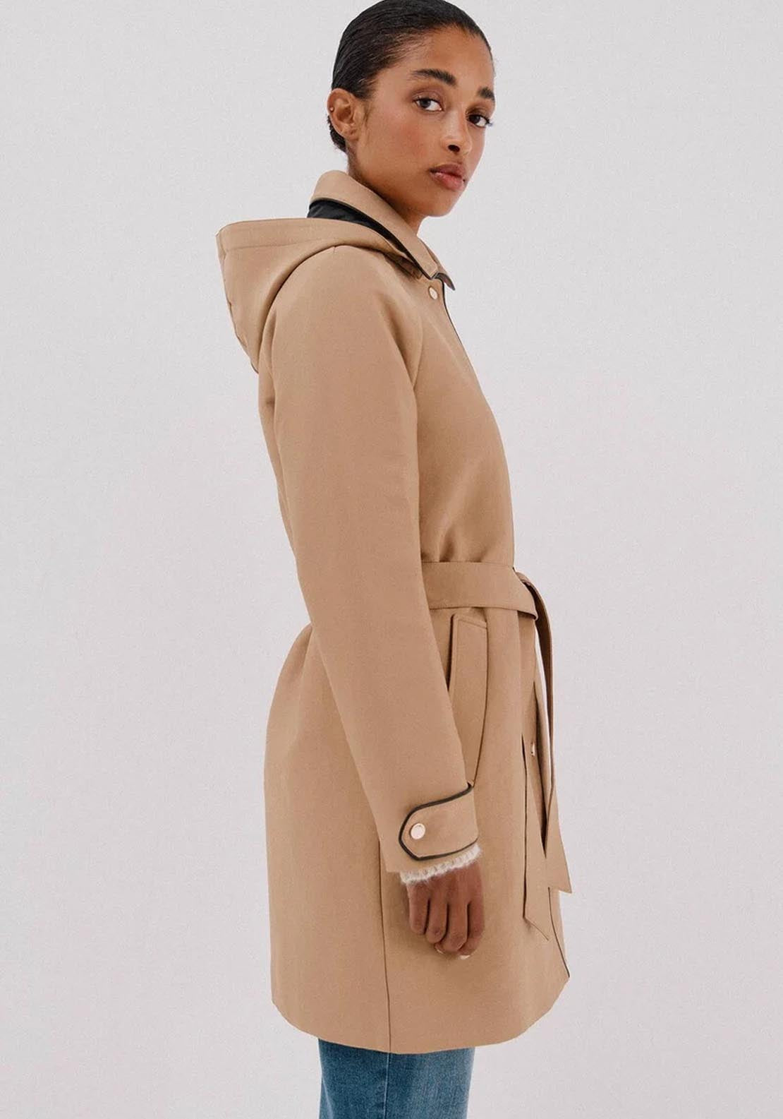 Satin Trench Coat With Detachable Hood - Beige