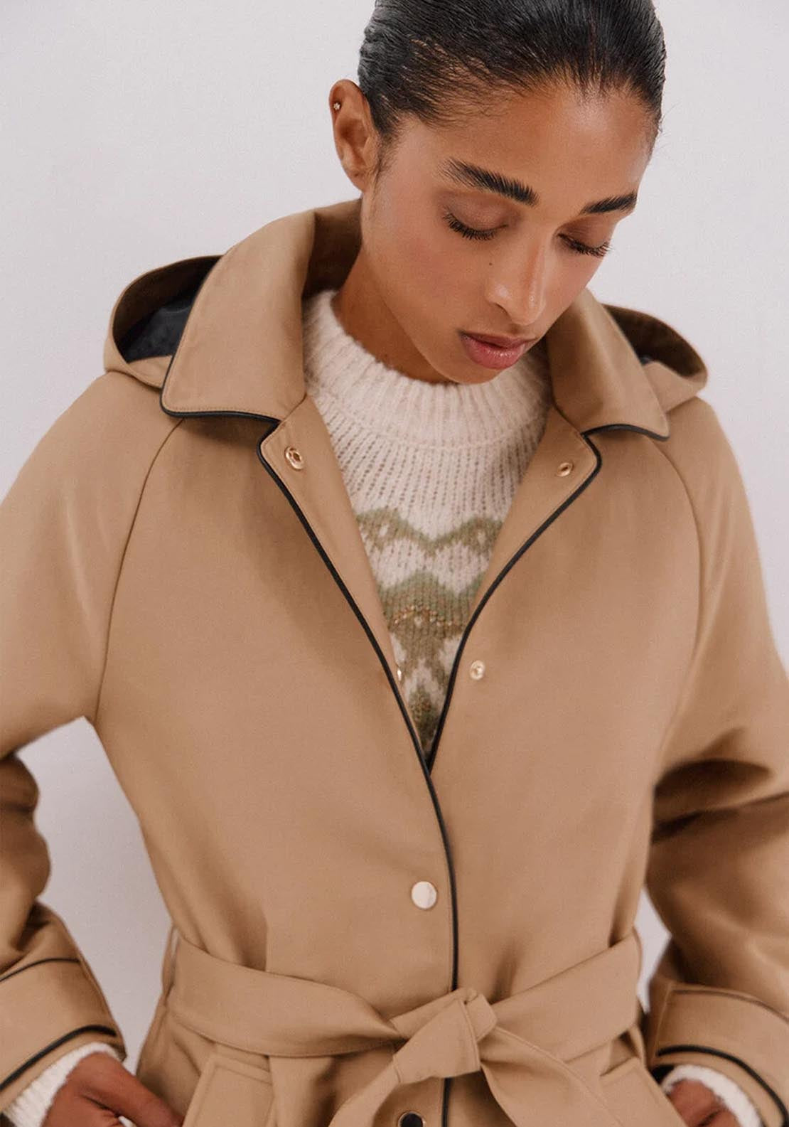 Satin Trench Coat With Detachable Hood - Beige