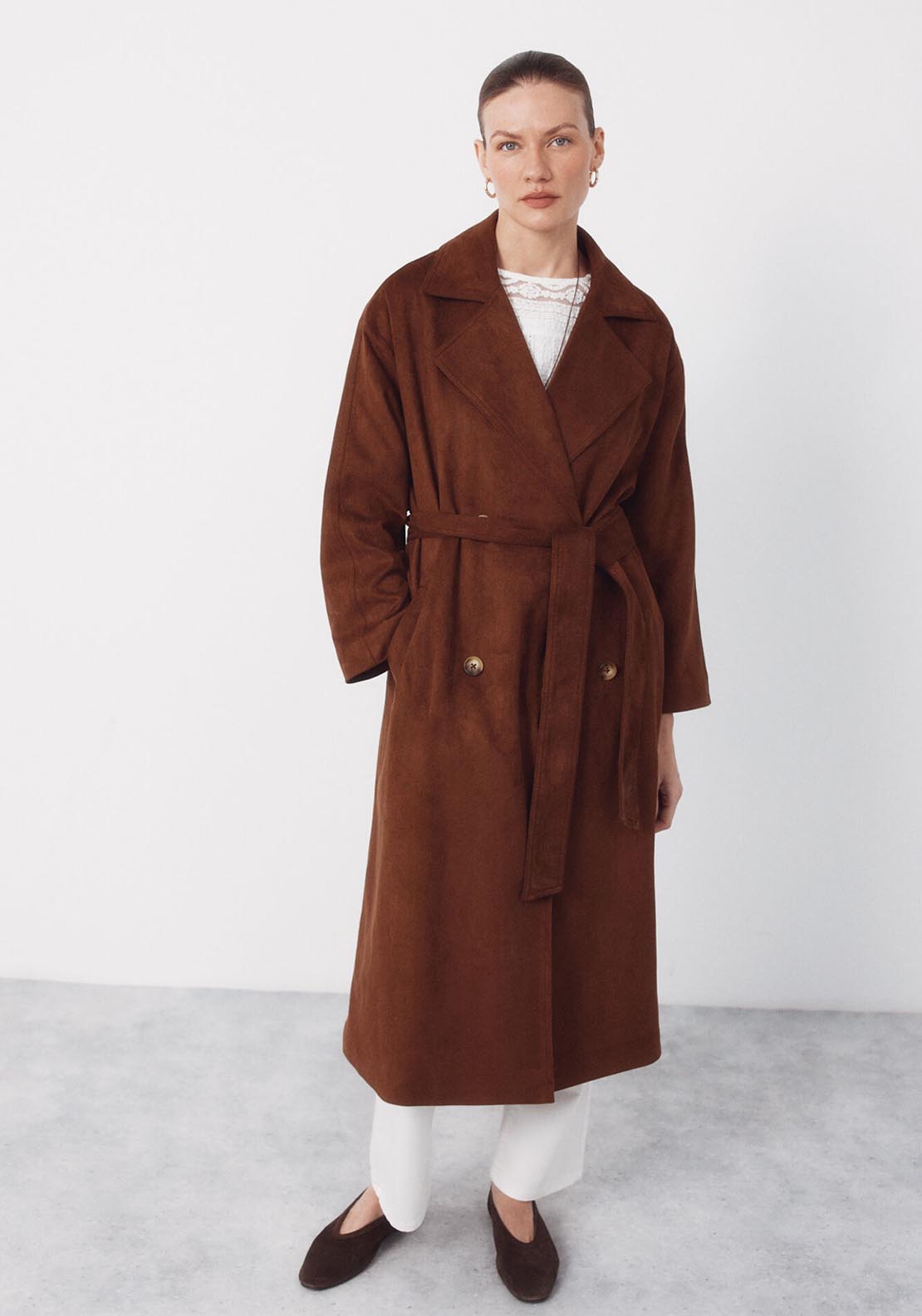 Long Trench Coat With Suede Effect - Brown