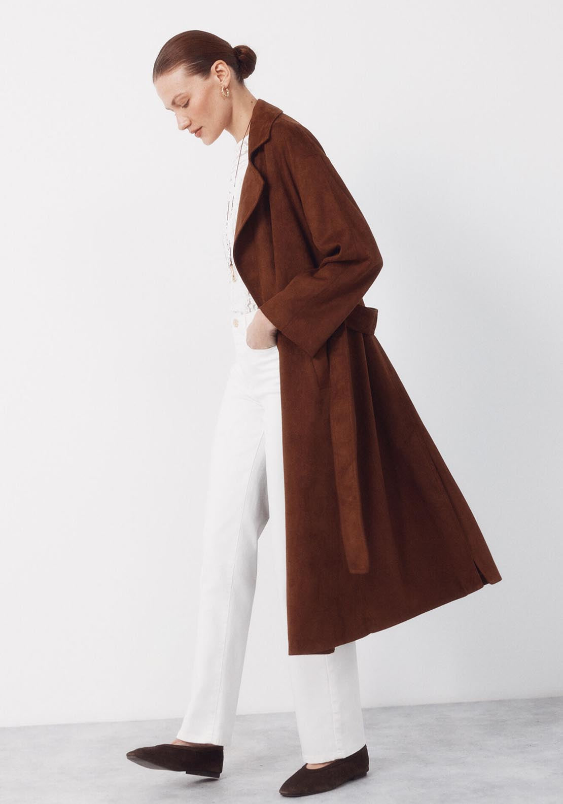 Long Trench Coat With Suede Effect - Brown
