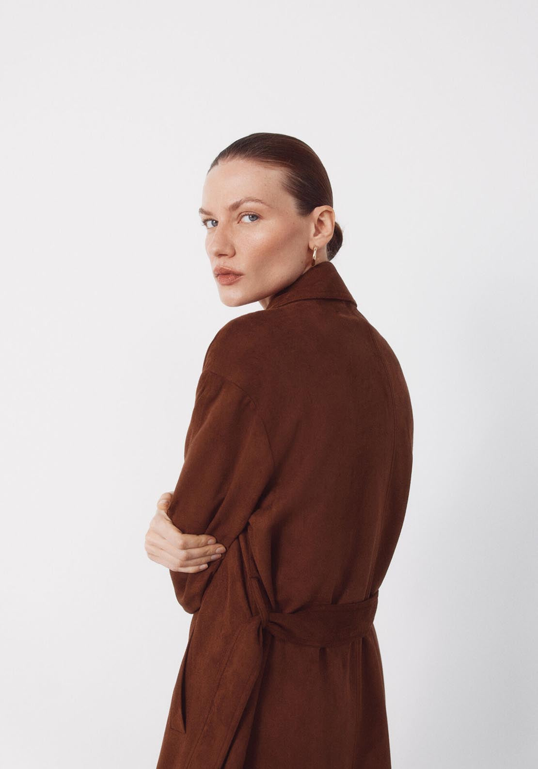 Long Trench Coat With Suede Effect - Brown