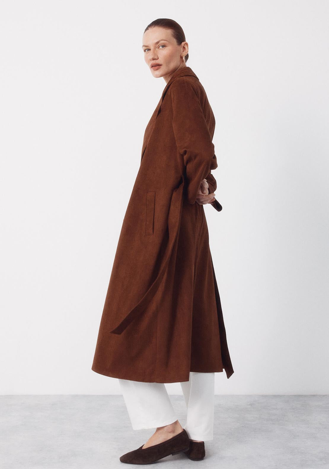 Long Trench Coat With Suede Effect - Brown