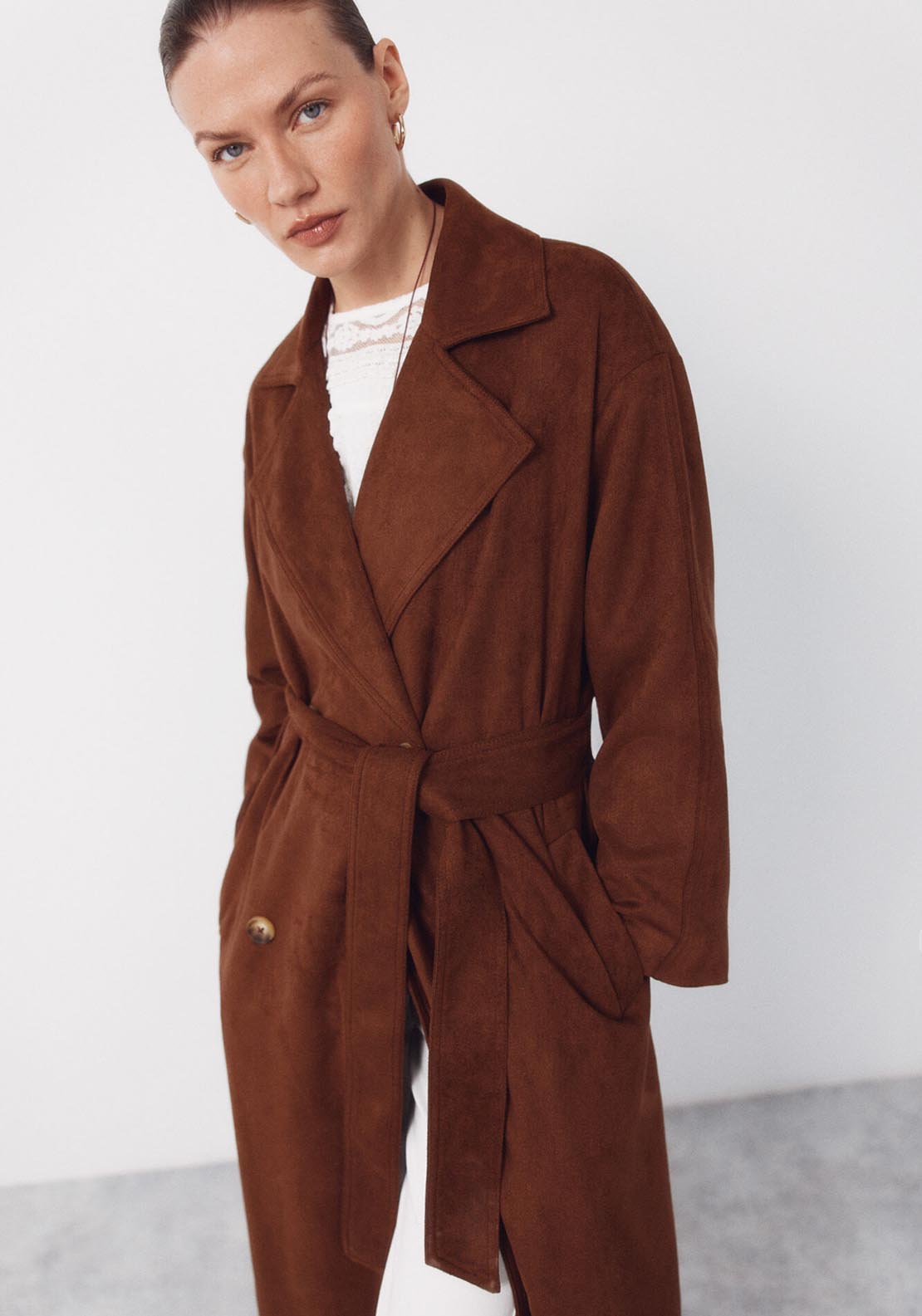 Long Trench Coat With Suede Effect - Brown