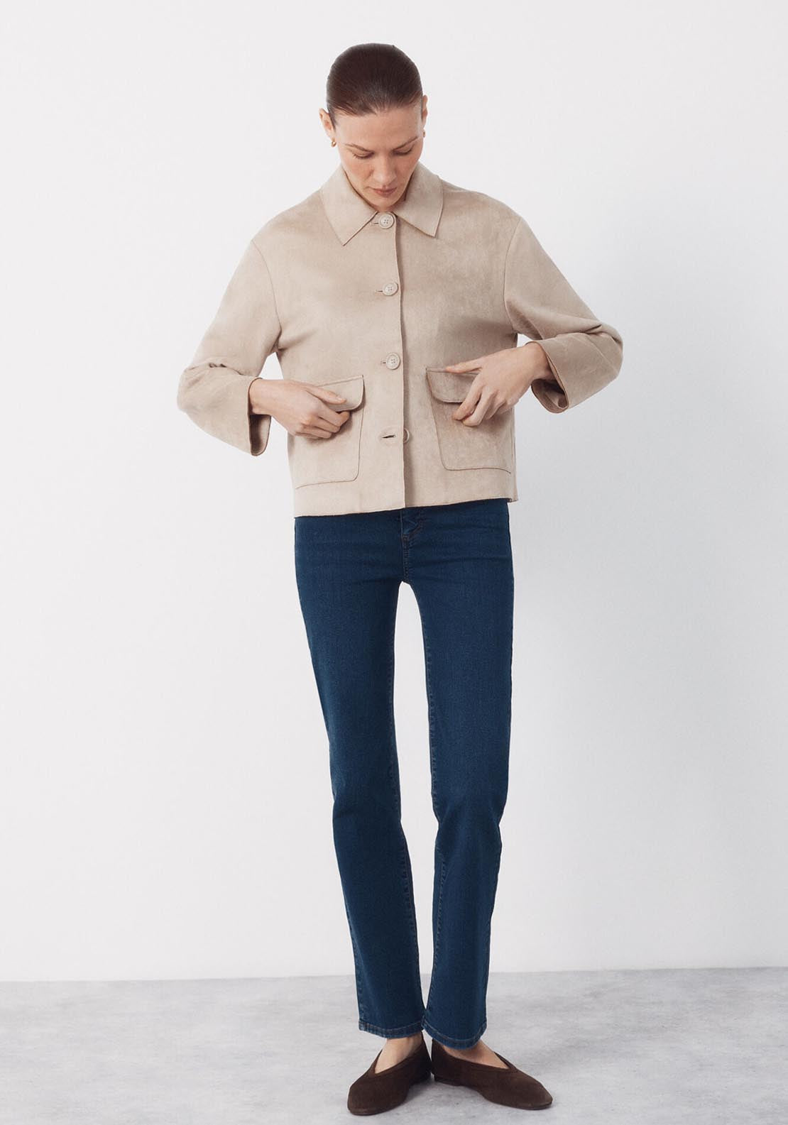 Suede Effect Fabric Jacket - Cream