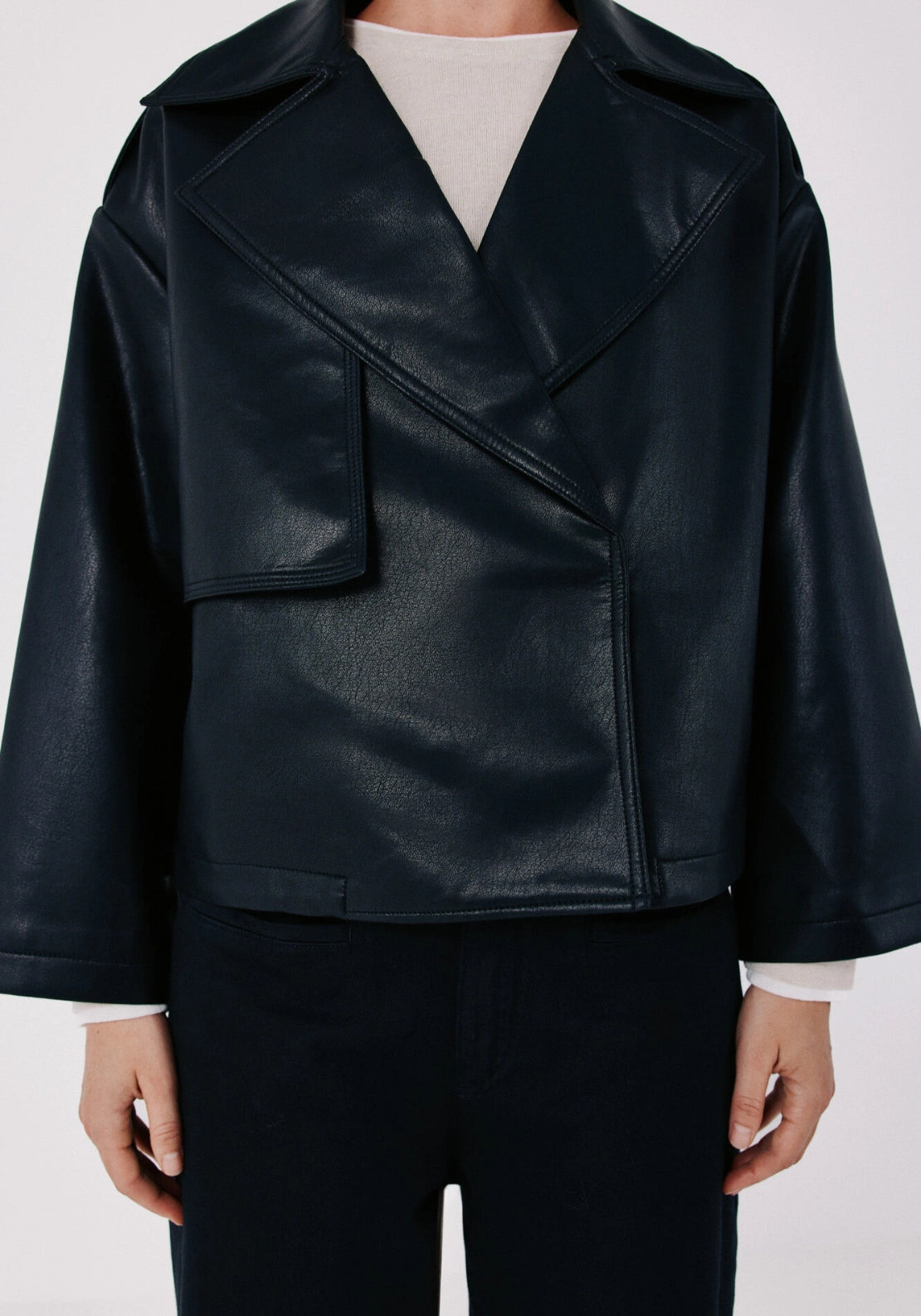 Faux Leather Short Trench - Black