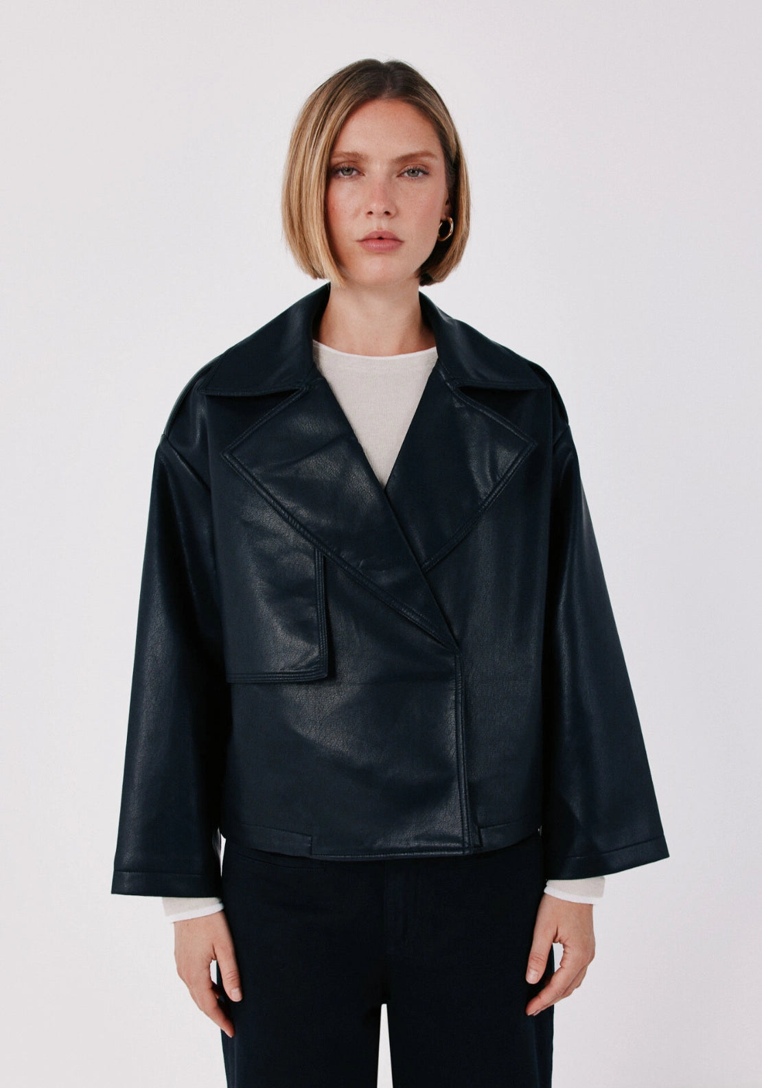 Faux Leather Short Trench - Black