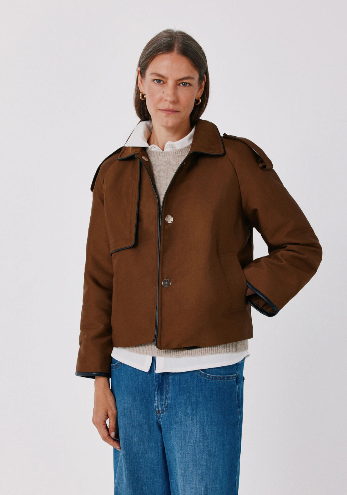 Satin Finish Short Trench - Dark Brown