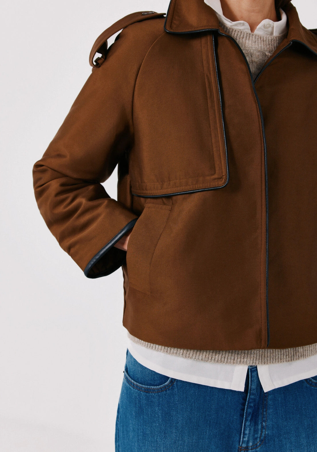 Satin Finish Short Trench - Dark Brown