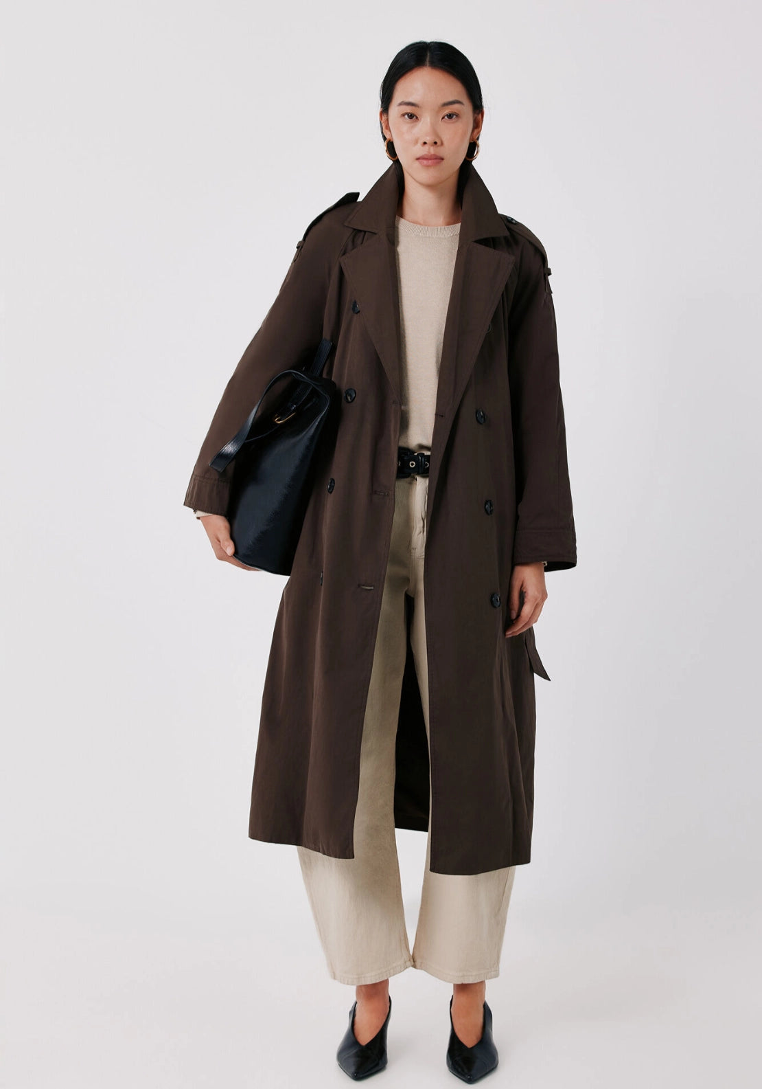 Classic Belted Long Trench - Dark Brown