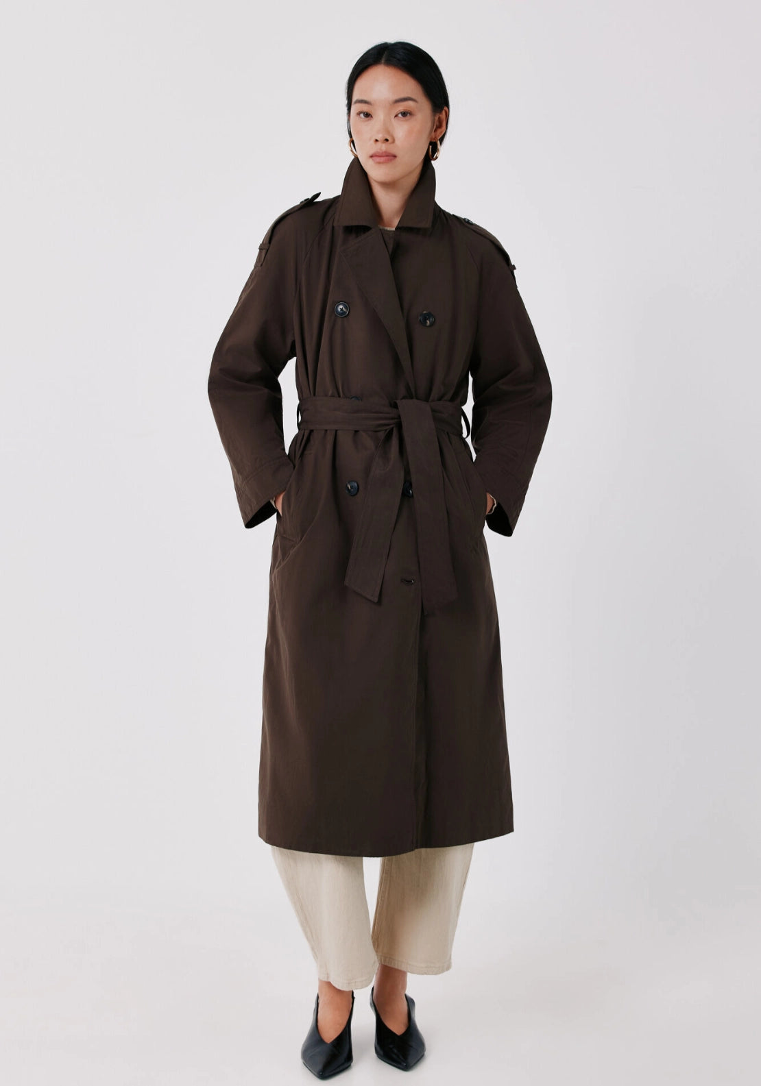 Classic Belted Long Trench - Dark Brown