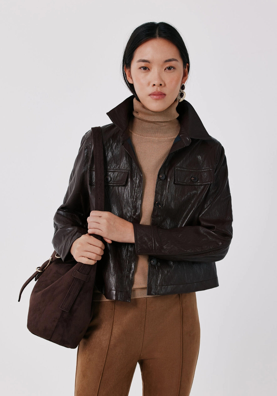 Faux Leather Light Jacket - Dark Brown