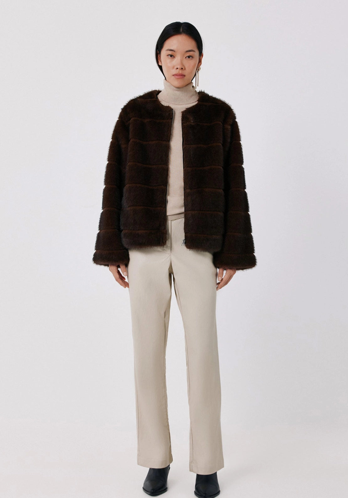 Short Faux Fur Coat - Dark Brown