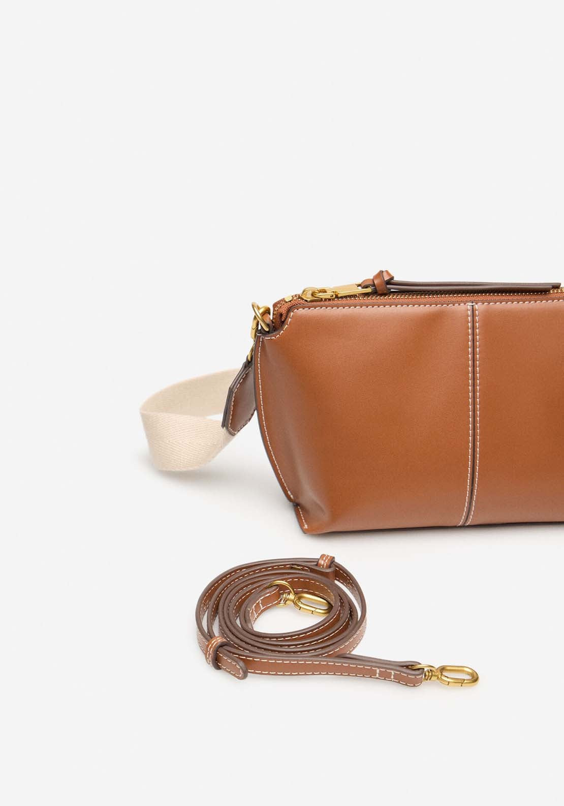 Basic Crossbody Bag With Stitching - Light Brown
