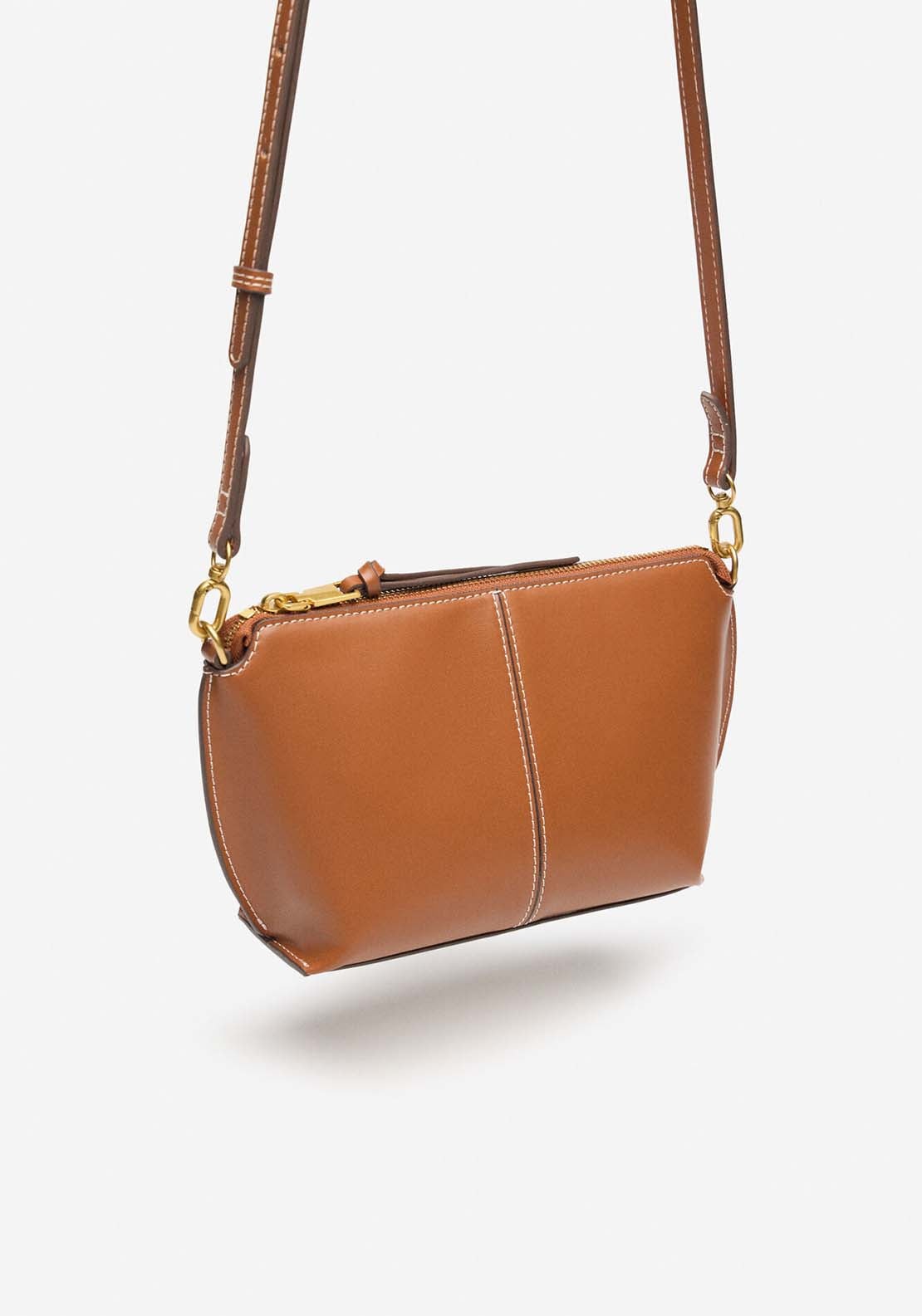 Basic Crossbody Bag With Stitching - Light Brown