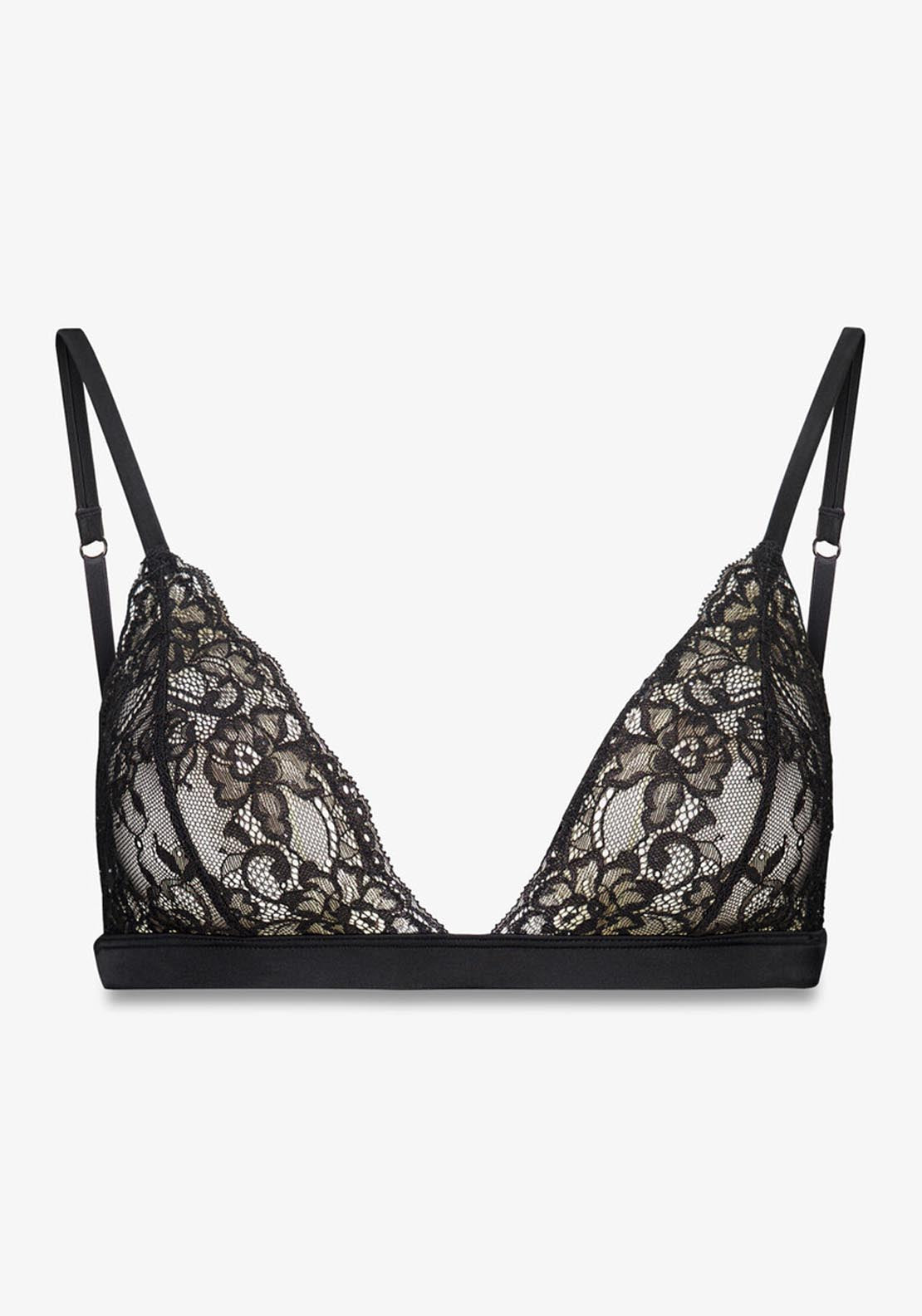 Natural Triangle Bra With Shiny Black Lace - Black