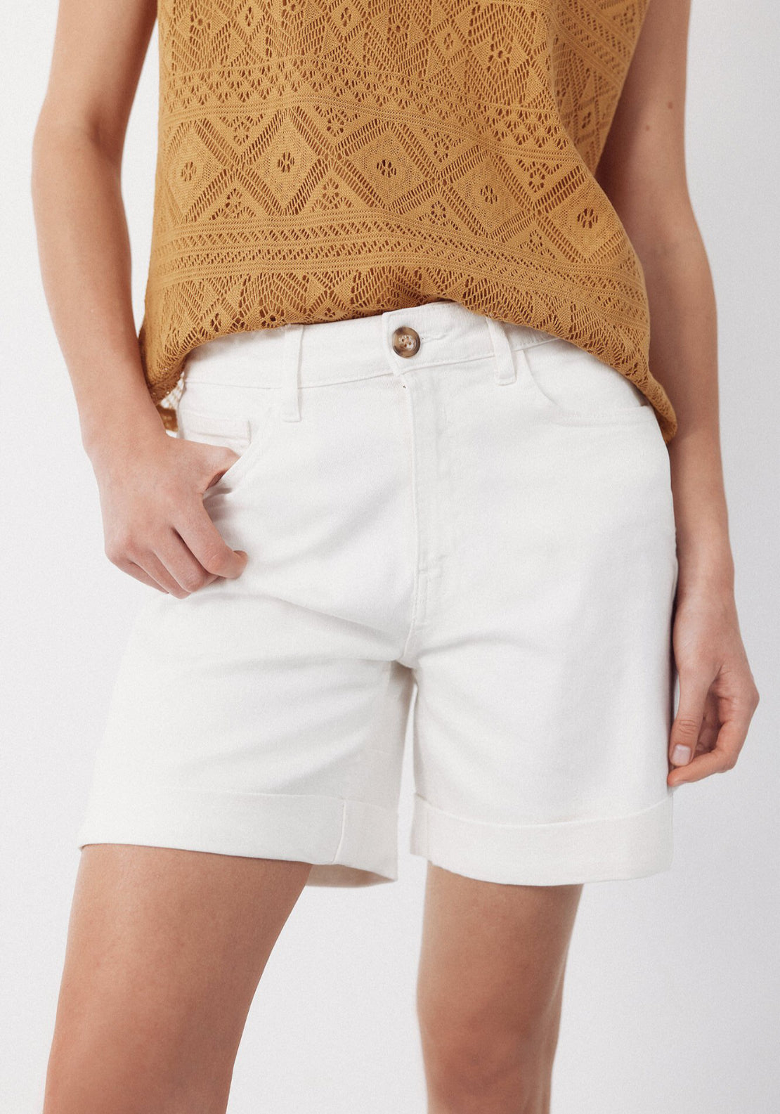 Cortefiel Upturned Cuff Denim Shorts - White 1 Shaws Department Stores