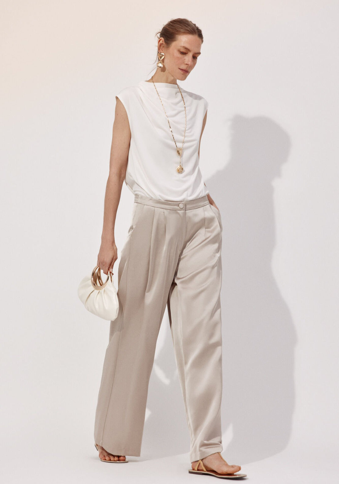 Cortefiel Palazzo Trousers With Pleats - Beige 6 Shaws Department Stores