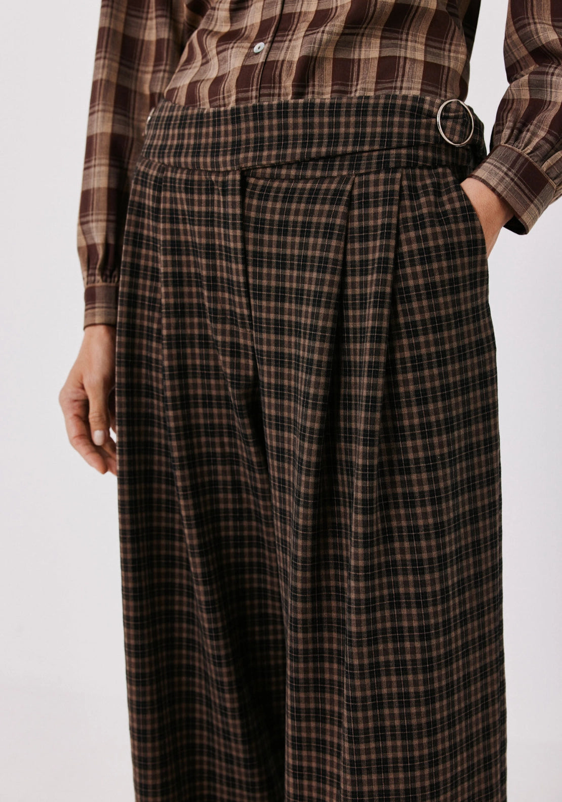 Tailored High Waist Plaid Trousers - Brown Print
