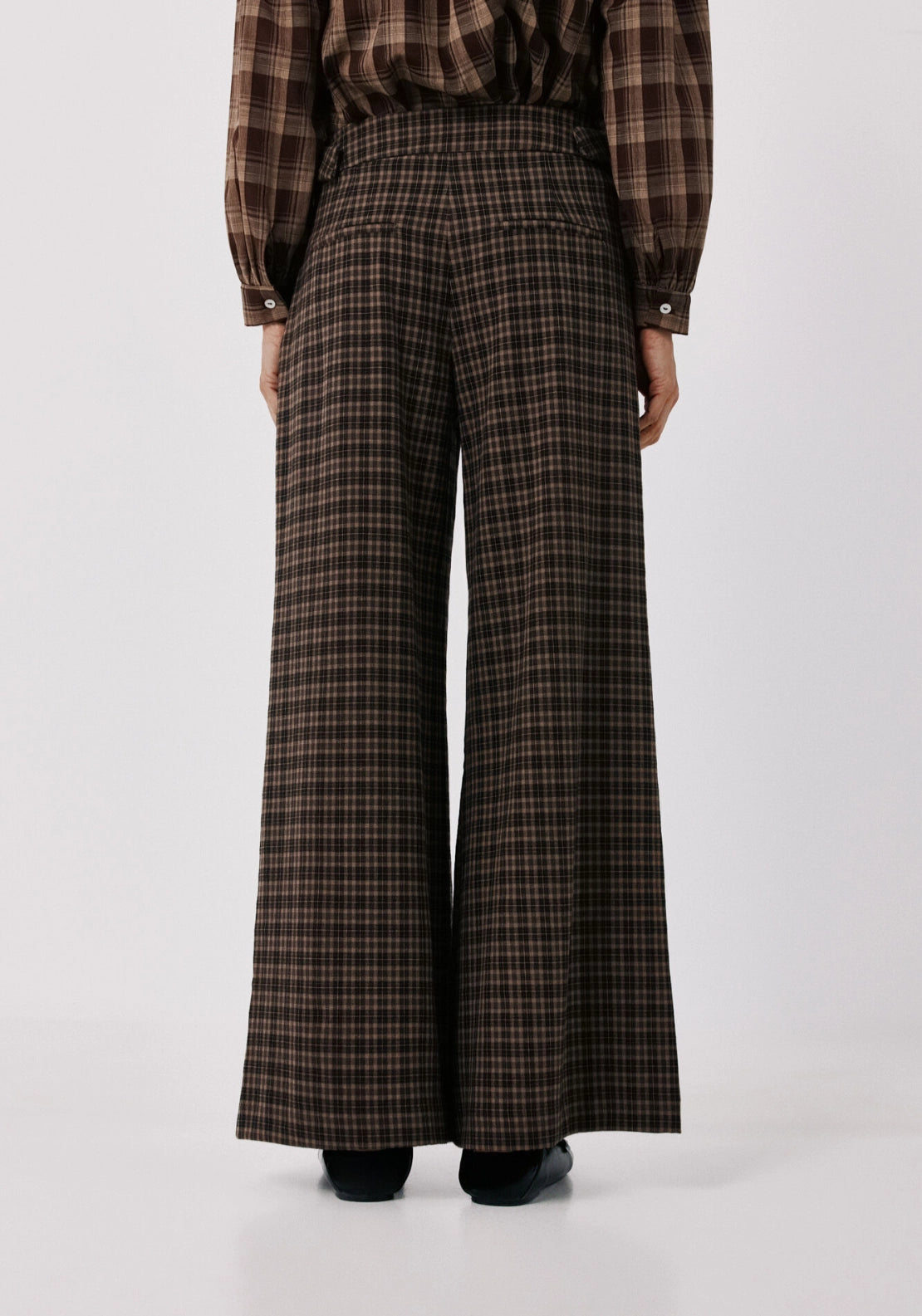 Tailored High Waist Plaid Trousers - Brown Print