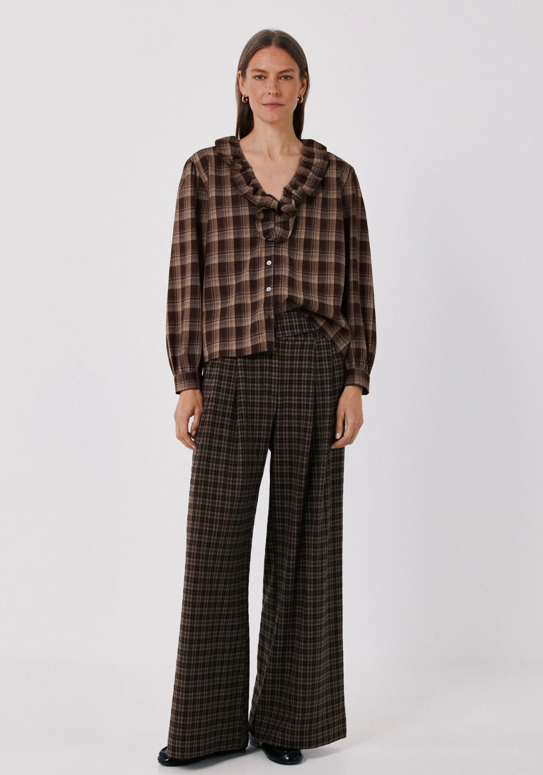 Tailored High Waist Plaid Trousers - Brown Print
