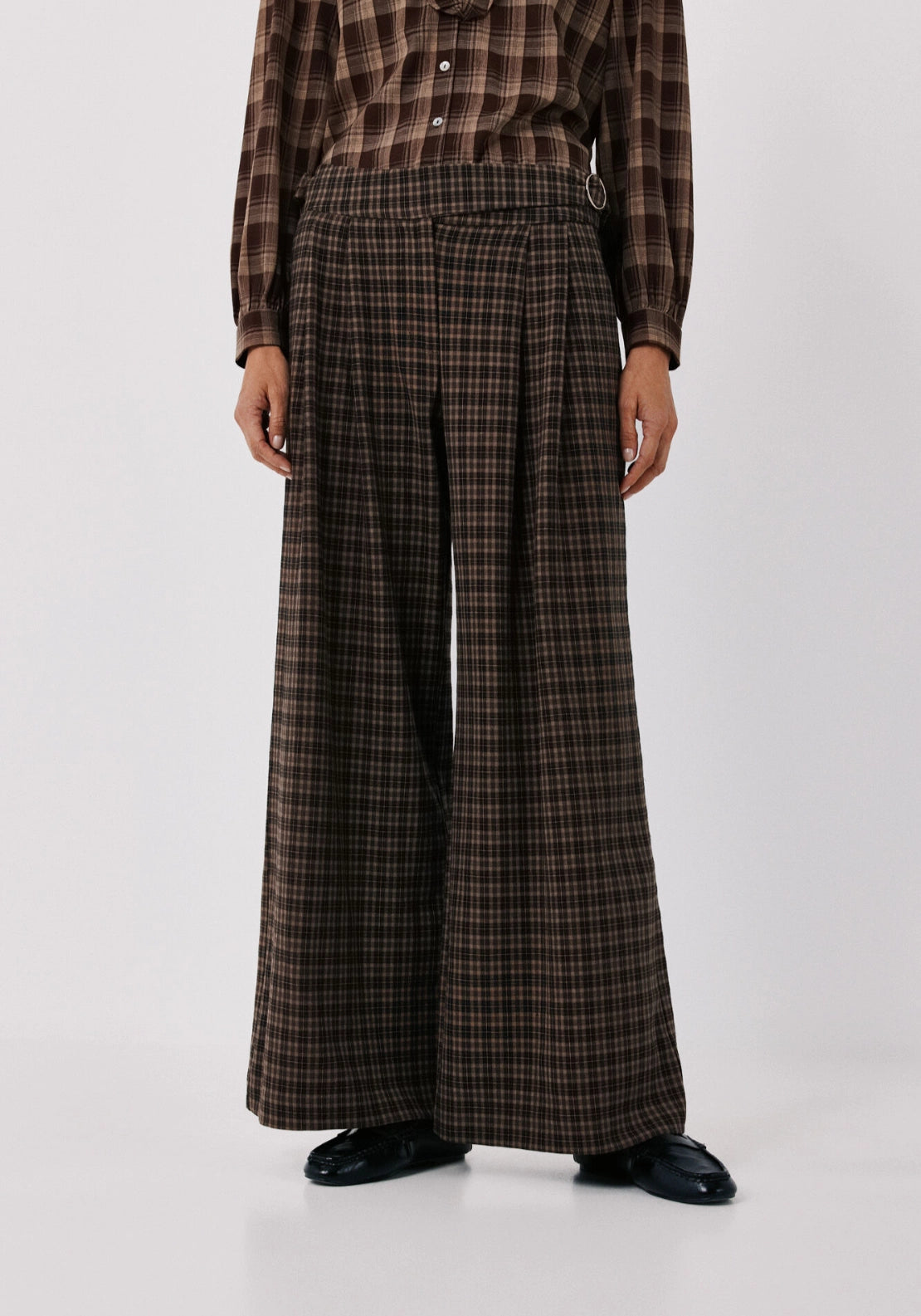 Tailored High Waist Plaid Trousers - Brown Print