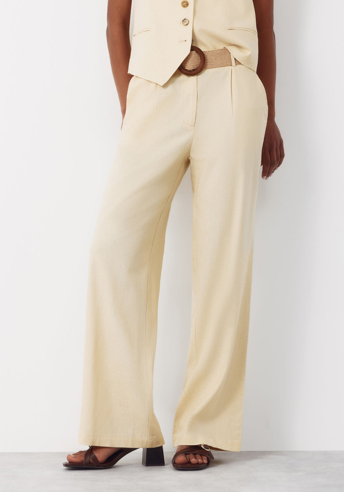 Wide Leg Trousers With Linen - Yellow