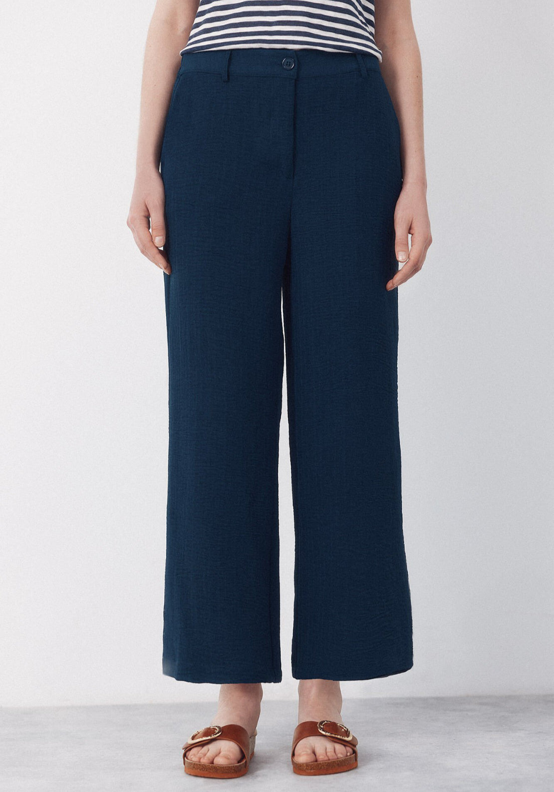 Cortefiel Textured Wide Ankle Pants - Blue 1 Shaws Department Stores